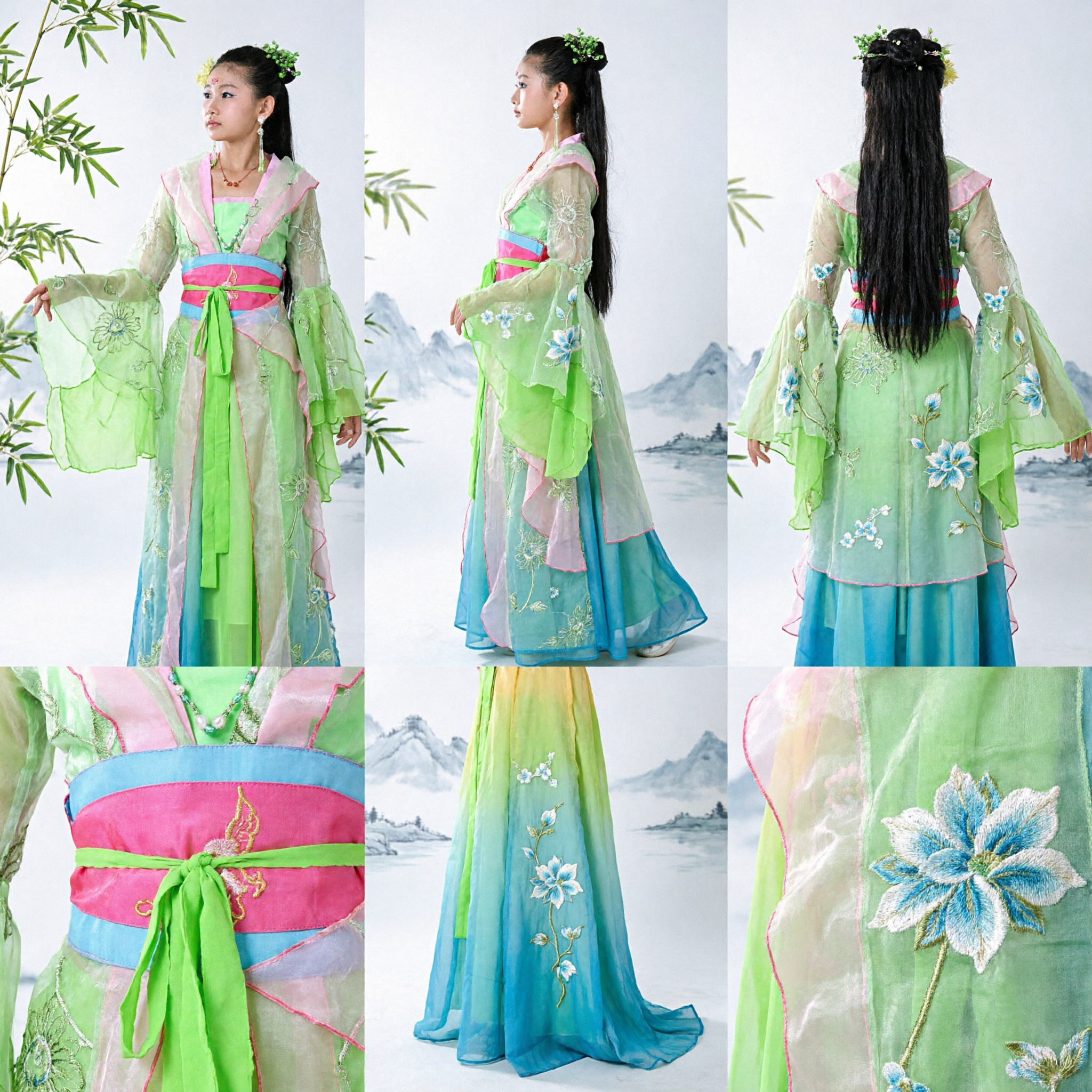 Vestido de Fada Antigo Chinês Hanfu Verde para Crianças, Traje Tradicional para Performance de Dança com Faixa - Asian Costume