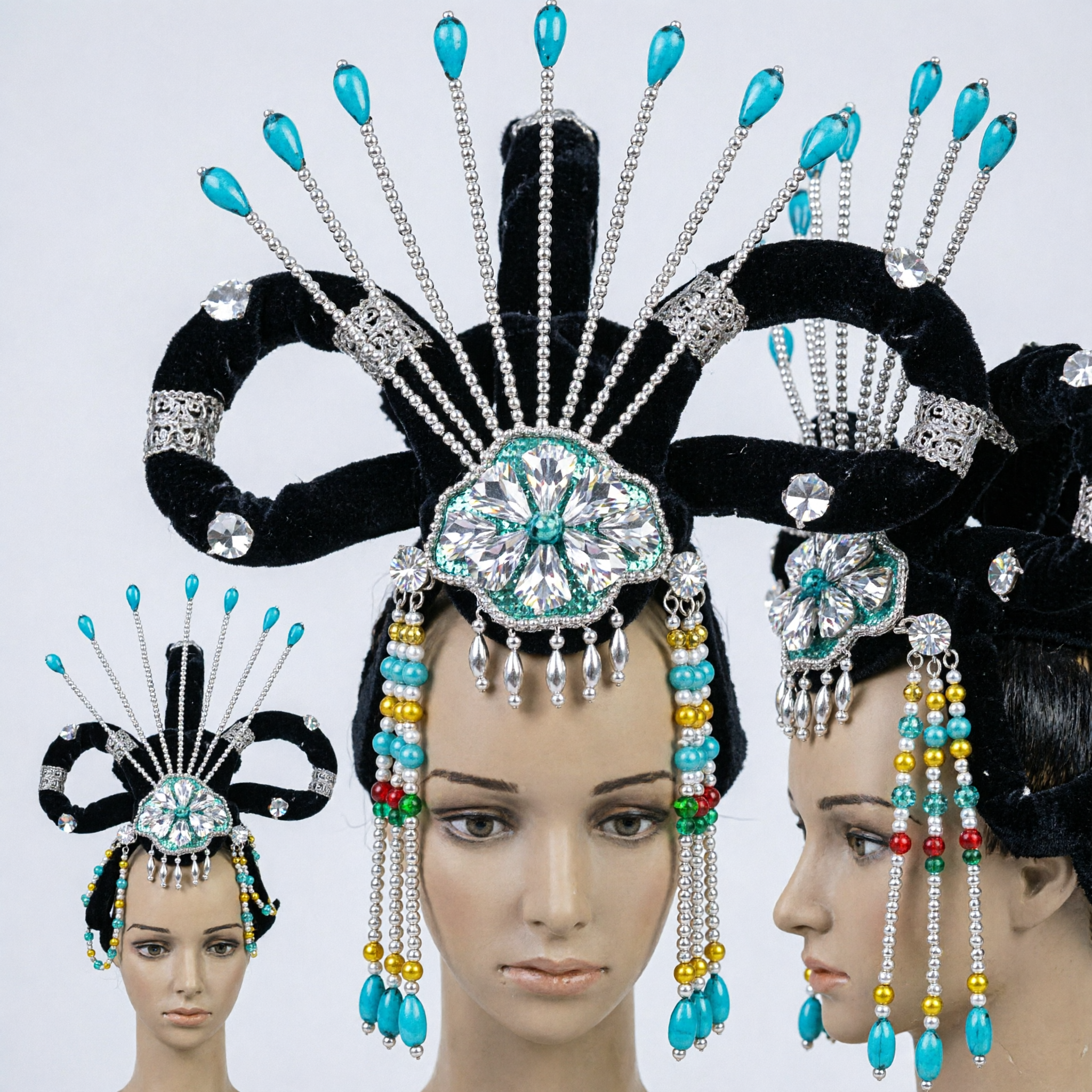 Traditionelle chinesische Phönixkrone-Kopfzier mit Kristallen und Samt für Hochzeit, Hanfu-Kostüm und Opernaufführung - Asian Costume