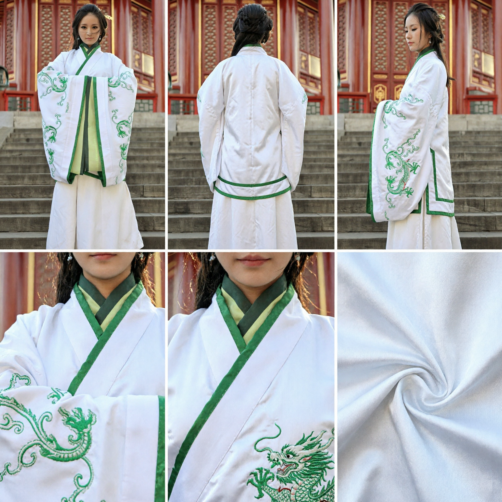 Robe Hanfu ancienne chinoise blanche avec broderie de dragon vert, vêtement traditionnel pour cosplay féminin et performance - Asian Costume