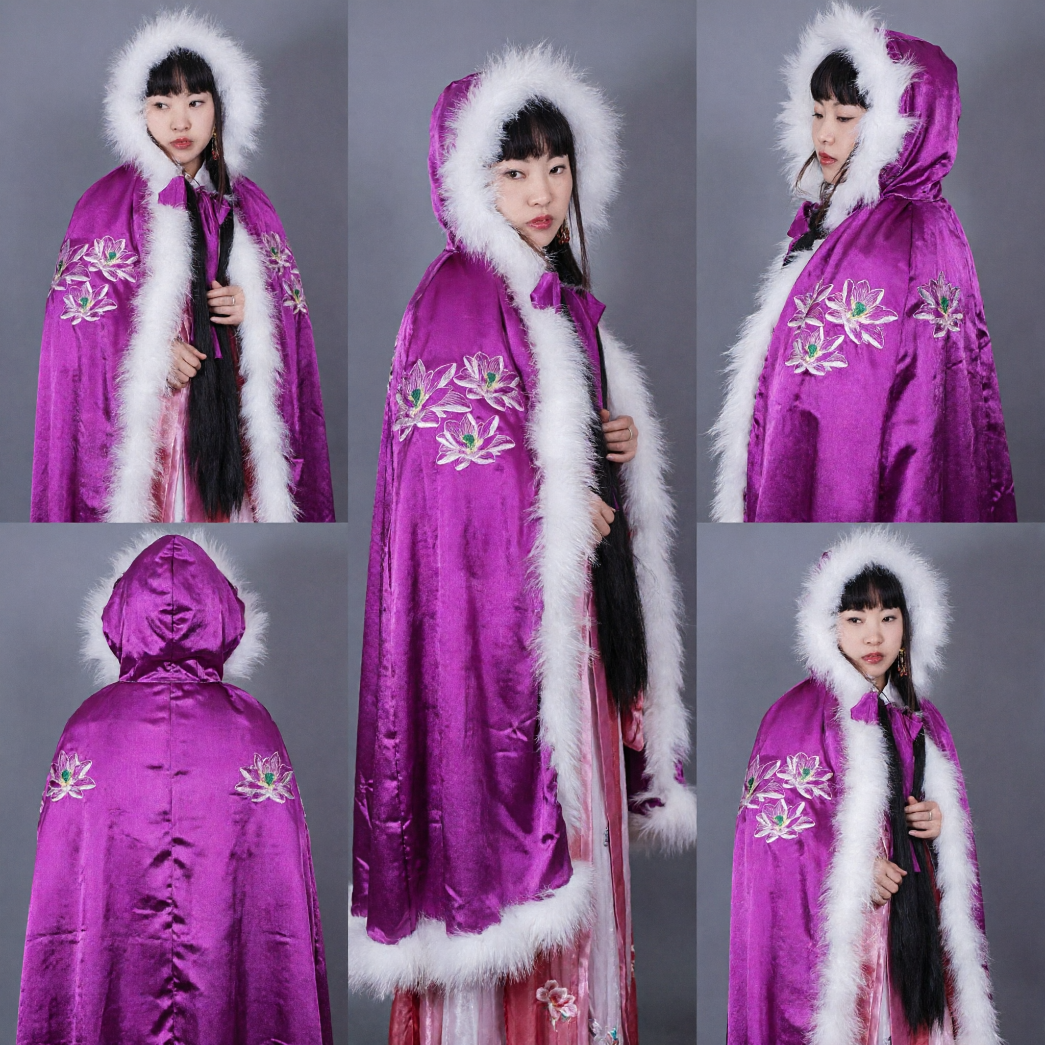 Mantello Donna Hanfu Velluto Viola con Bordo Pelliccia Bianca Ricamo Loto Costume Antico Cinese Invernale - Asian Costume