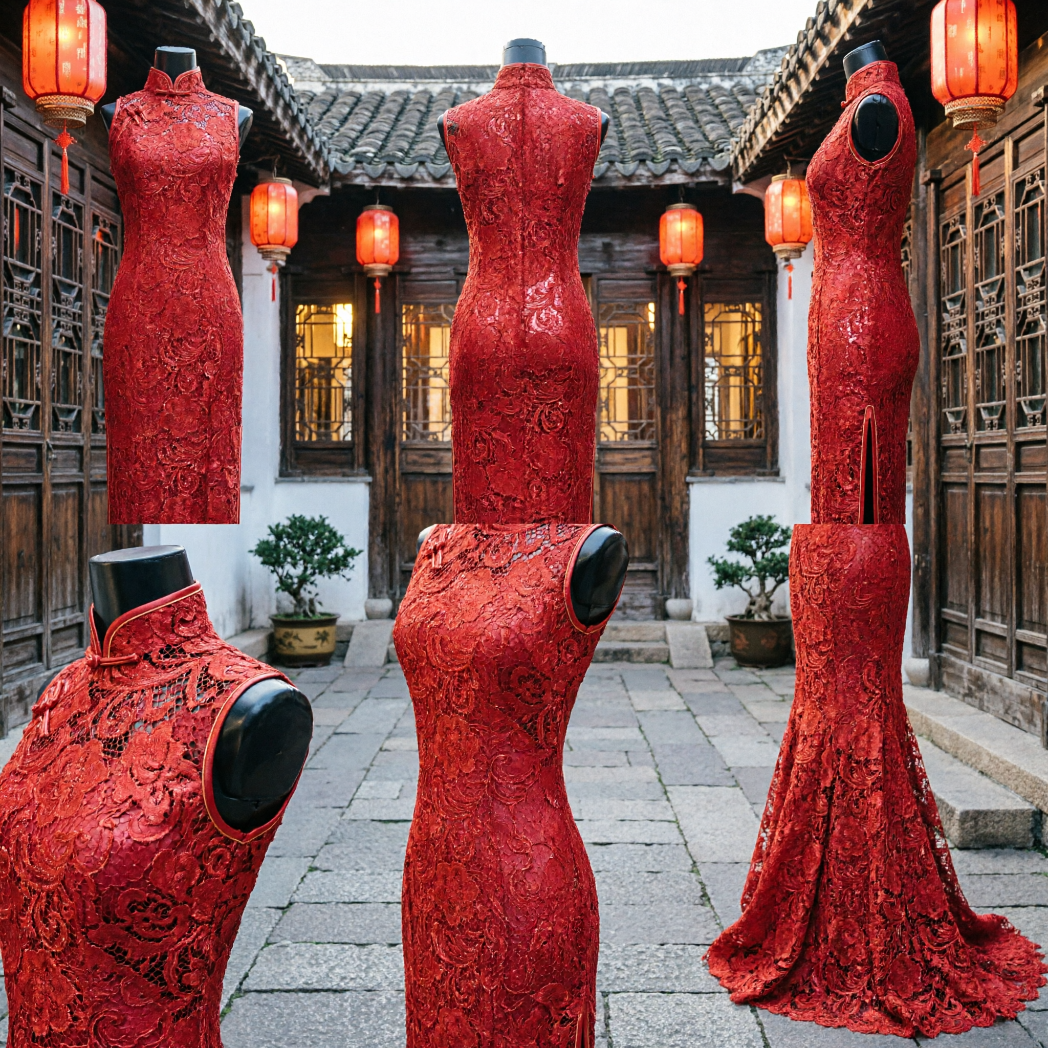 Cheongsam élégant rouge en dentelle, style sirène, longue robe formelle Qipao de soirée, robe de mariage traditionnelle chinoise - Asian Costume