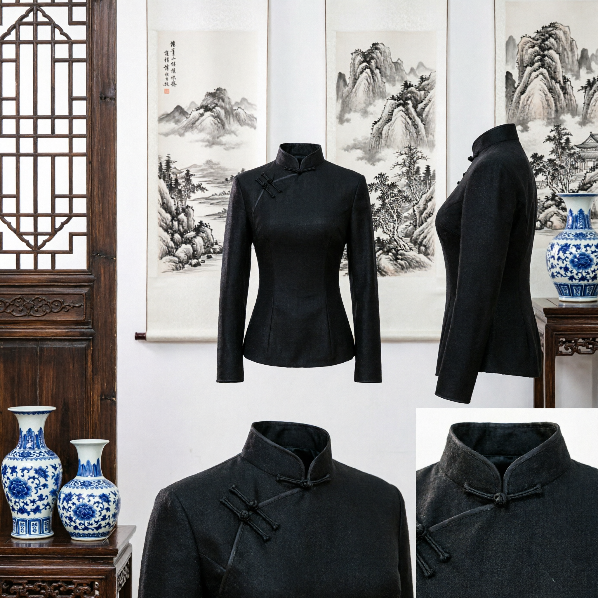 Haut Tang suit traditionnel chinois pour femmes en noir, col mandarin avec boutons de grenouille pour Kung Fu - Asian Costume