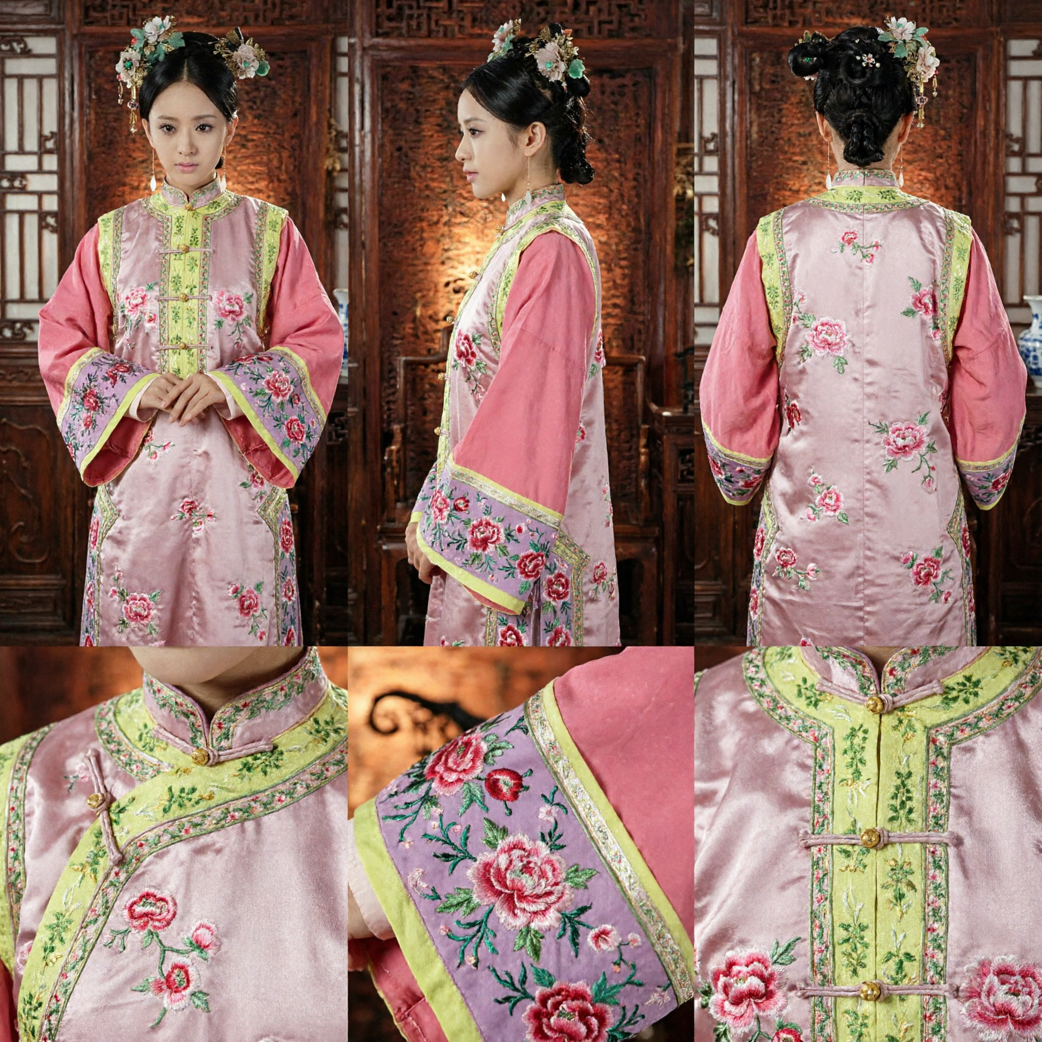 Traje de Dama do Palácio da Dinastia Qing Tradicional Chinesa, Vestido de Princesa Manchu Rosa Bordado para Cosplay e Performance - Asian Costume