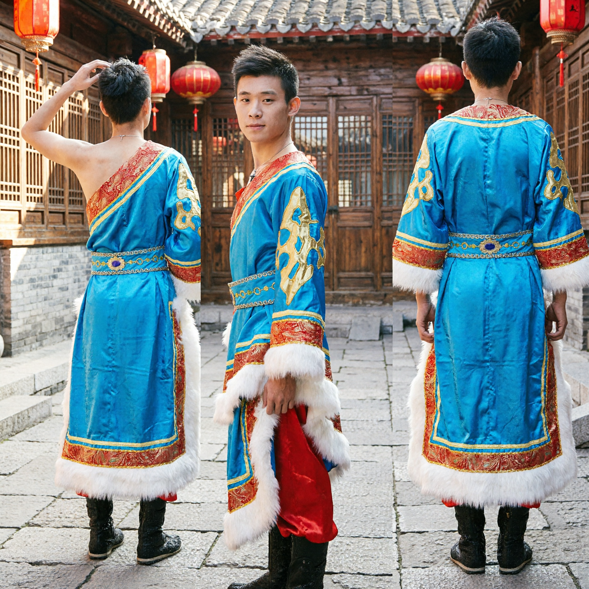 Traje de Dança Tradicional Tibetano Masculino Azul, Traje Étnico para Performance Folclórica com Bordado Dourado e Detalhe em Pele - Asian Costume