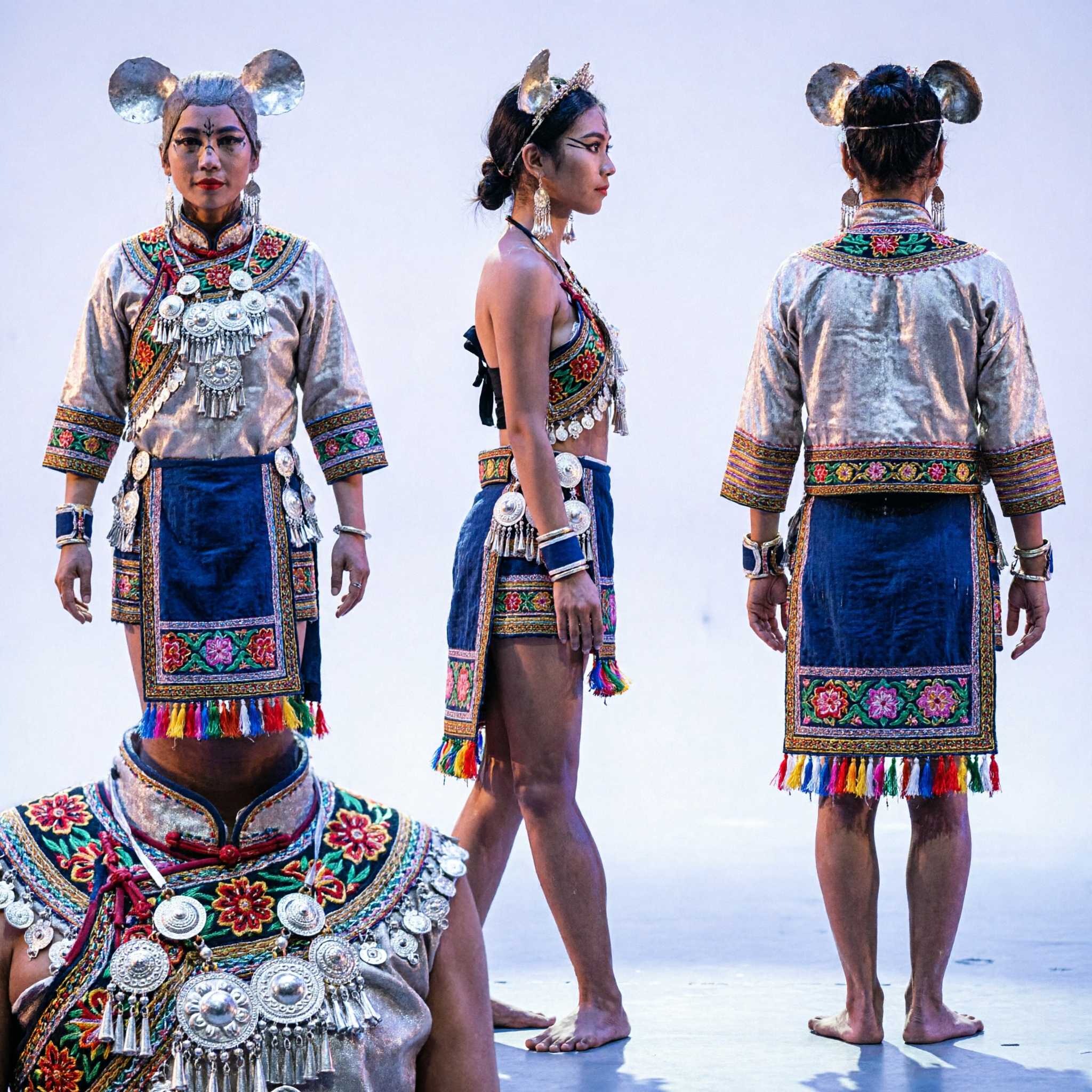 زي رقص السنة الصينية الجديدة لبرج الفأر، بدلة أداء مسرحي للنساء مع آذان فأر مرصعة بالذهب - Asian Costume