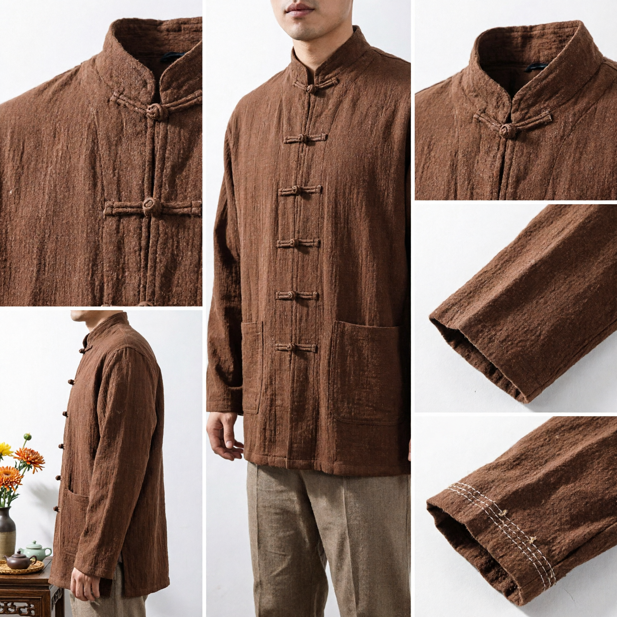 Veste de costume Tang chinois traditionnel pour hommes en coton lin marron, manteau Kung Fu avec boutons à brandebourgs pour port décontracté - Asian Costume