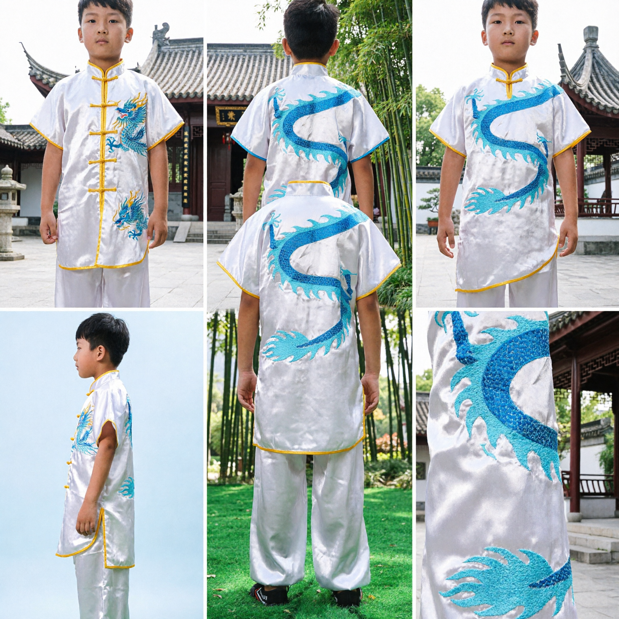 Uniforme Kung Fu Bianca per Bambini con Ricamo del Drago Blu, Tuta per Arti Marziali Tradizionali Cinesi Tai Chi - Asian Costume