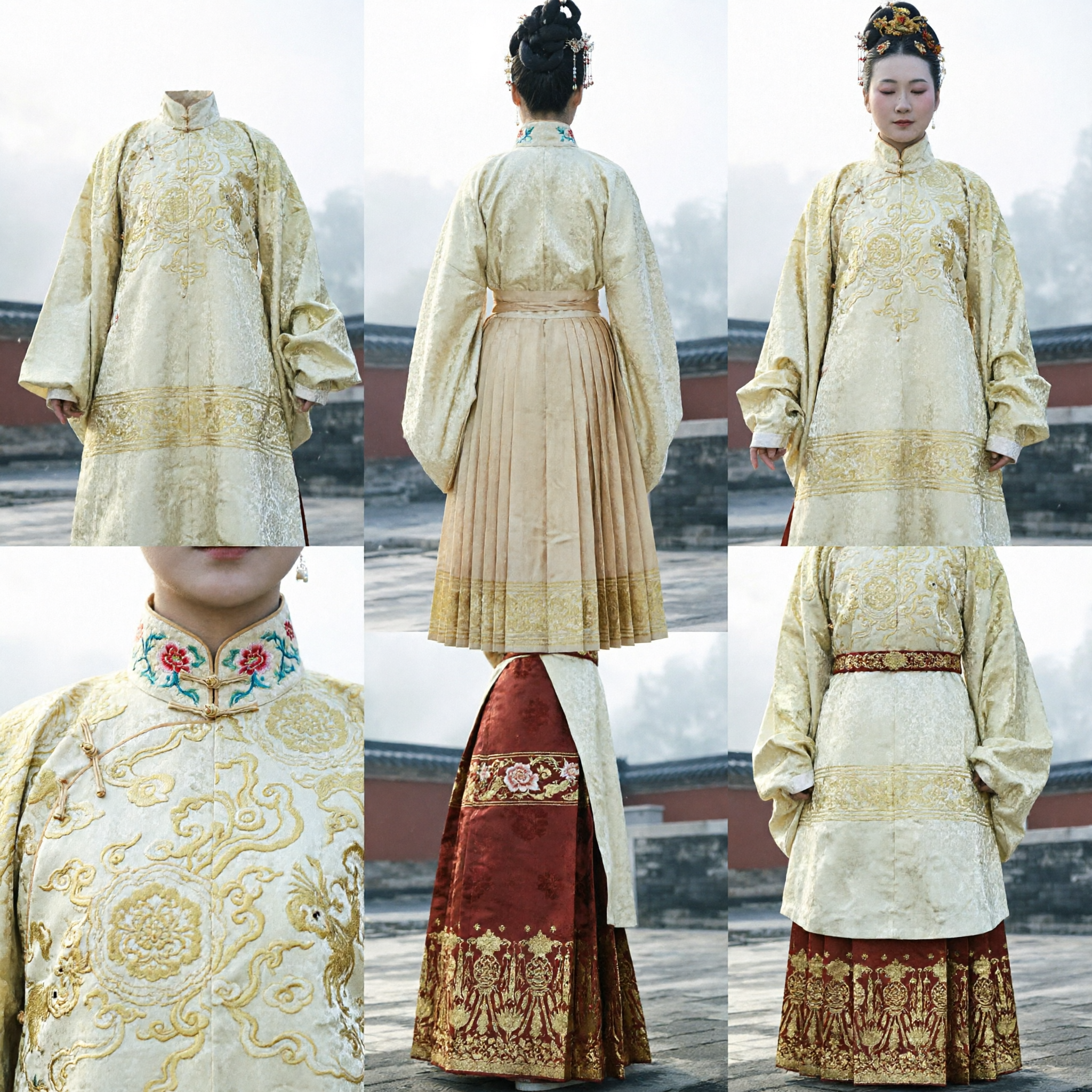 Costume Hanfu élégant de la dynastie Ming pour femmes, ensemble de manteau Pifeng crème doré et jupe à plis 'horse face' brodée - Asian Costume
