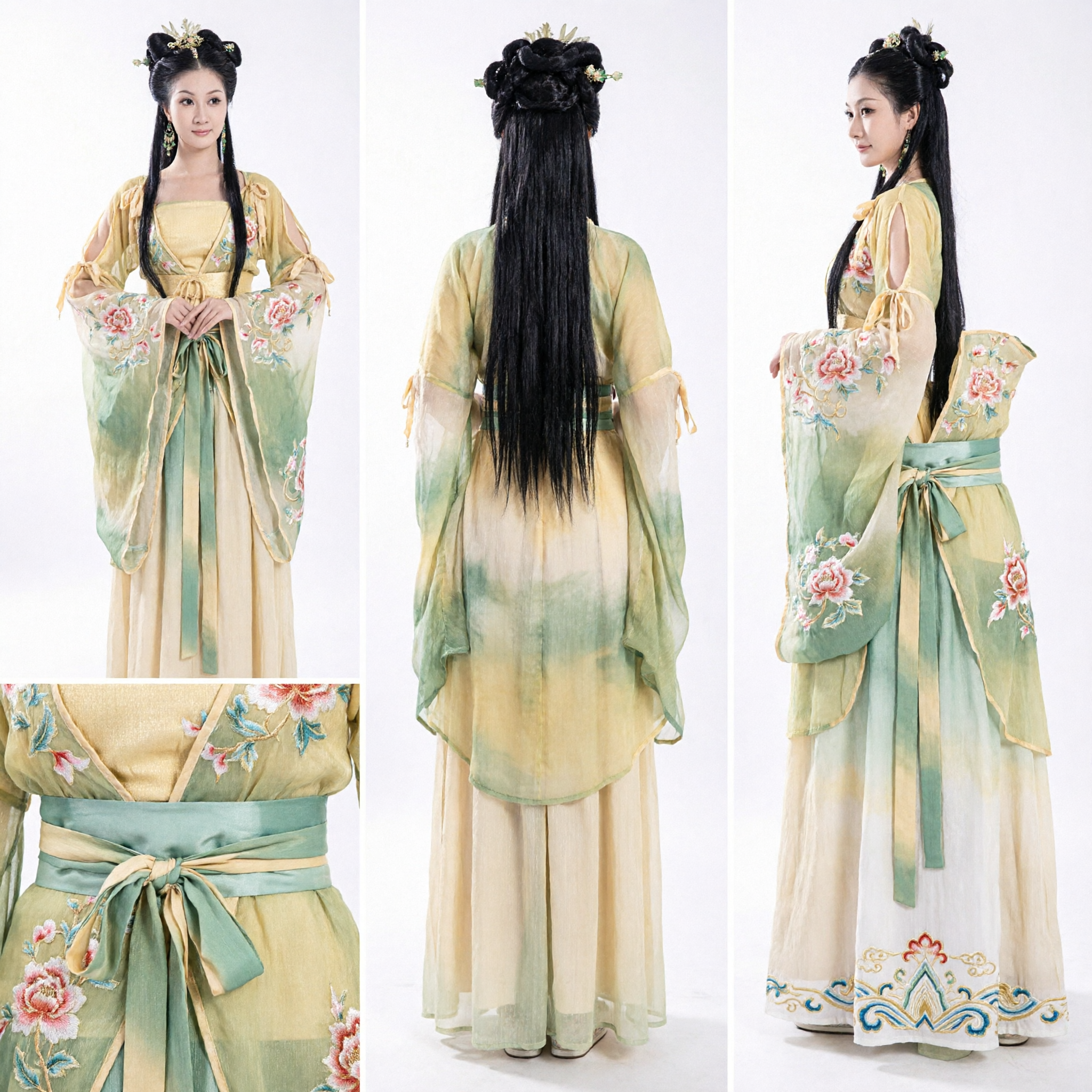 Ancient Chinese Lotus Fairy Costume Yellow Green Hanfu Tang Dynasty Dress for Women Stage Performance - Asian Costume