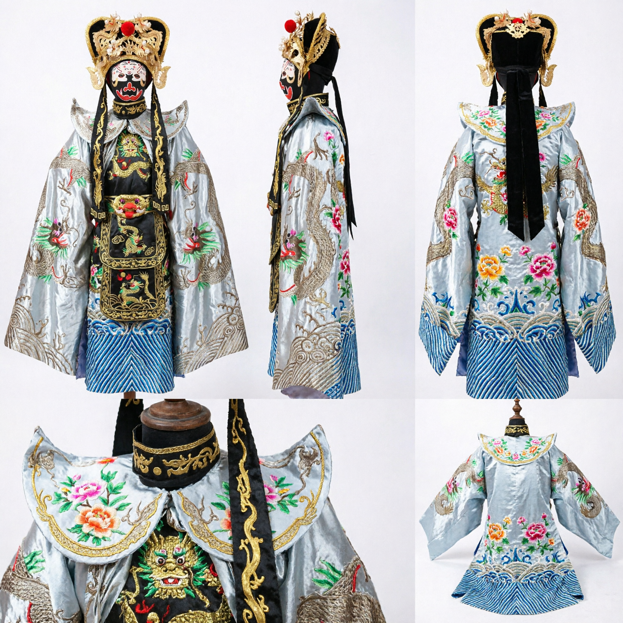 Costume traditionnel d'opéra de Pékin, ensemble robe dragon argenté, masque de général et coiffe pour performance scénique adulte - Asian Costume