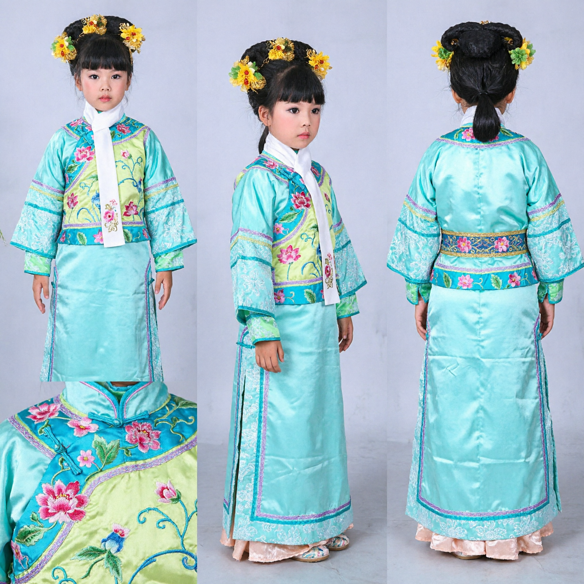 Traje da Dinastia Qing Tradicional Chinês para Meninas, Vestido Manchu Azul Bordado, Fantasia para Festival Infantil - Asian Costume