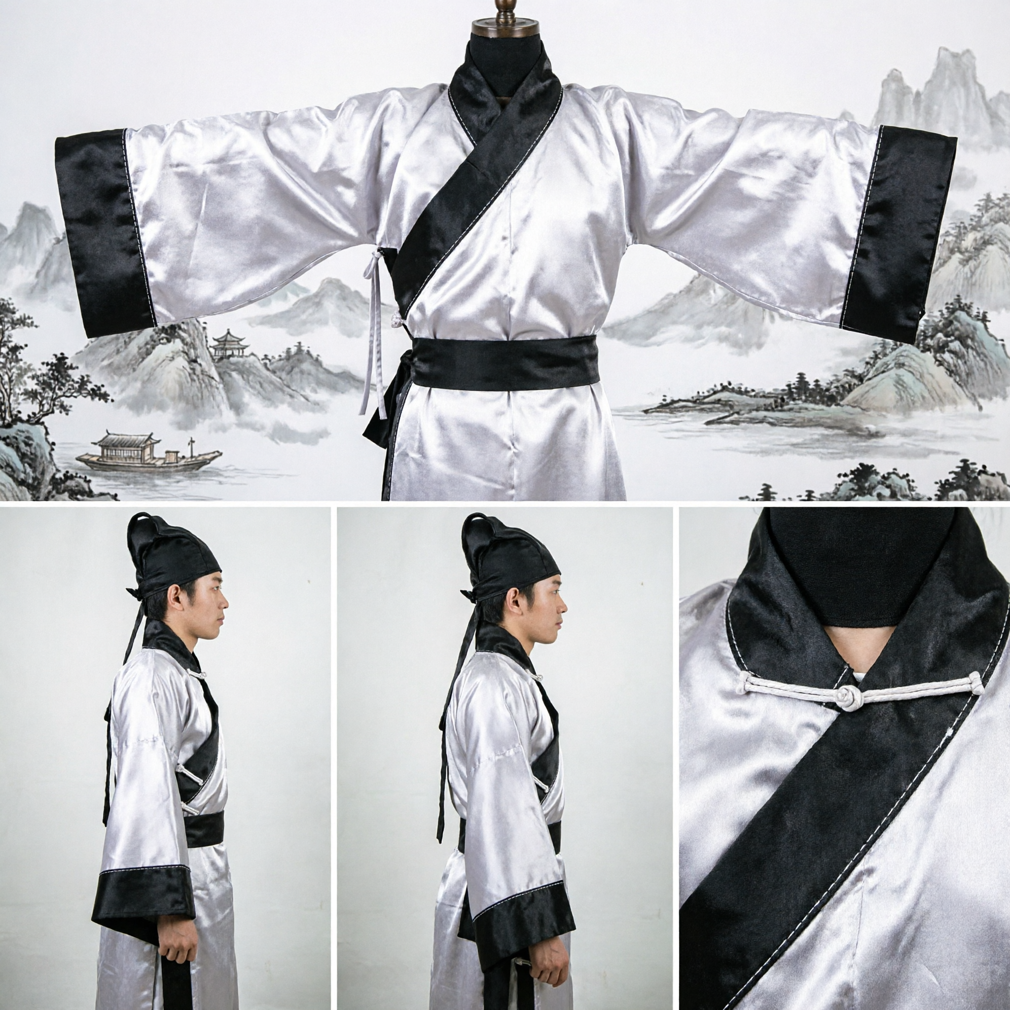 Traje de Erudito Chino Antiguo, Túnica Hanfu Tradicional Blanca con Sombrero Negro para Niños, para Actuaciones Culturales - Asian Costume