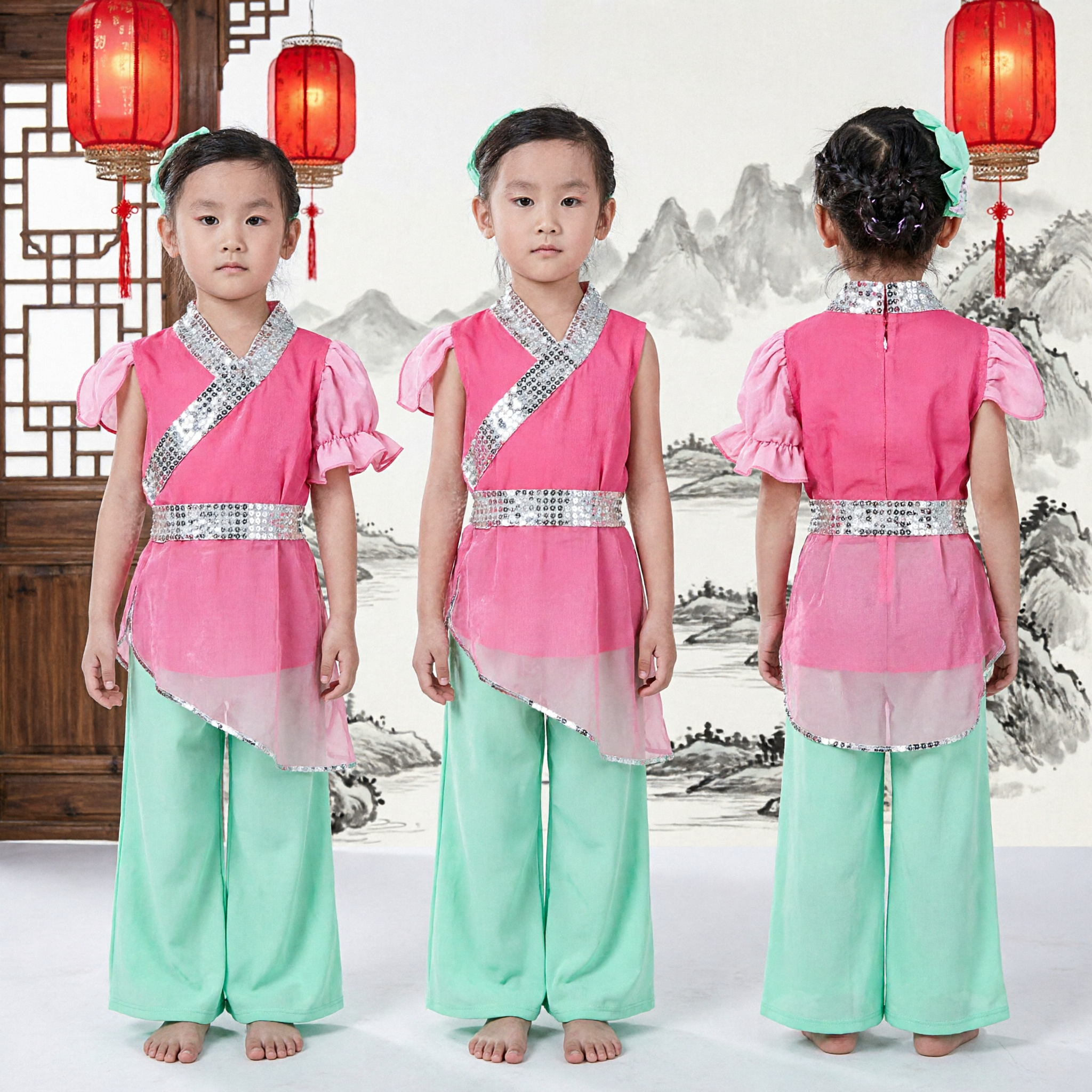 Traje de Danza Folclórica India para Niñas Rosa y Verde con Fajín de Lentejuelas para Actuaciones Escénicas Infantiles - Asian Costume