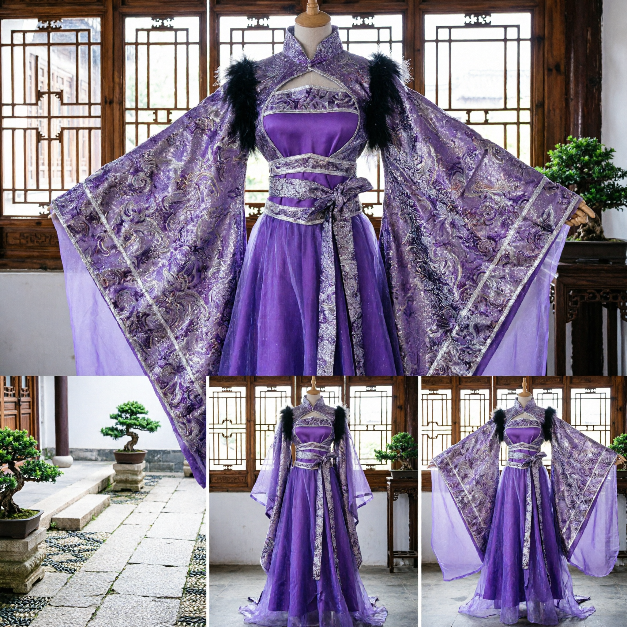 Elegante Costume Antico Cinese Hanfu Tradizionale Viola con Maniche Ampie e Bordo in Pelliccia per Cosplay Donne - Asian Costume