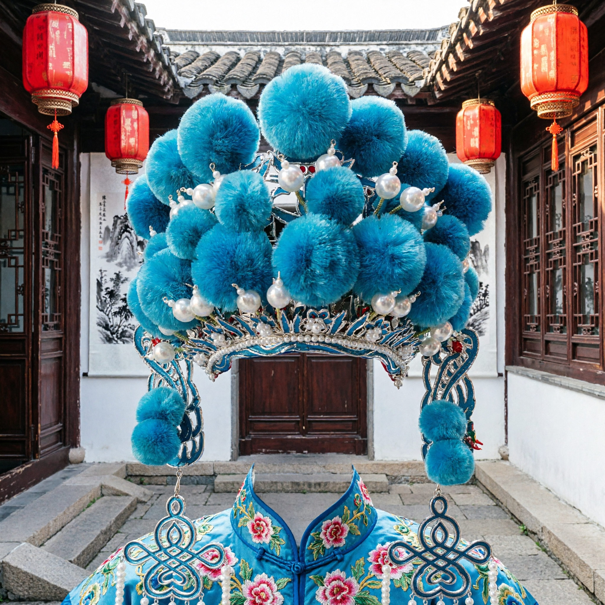 Traditional Chinese Opera Blue Pom Pom Headdress with Pearls for Peking Opera Female Dan Role Costume - Asian Costume