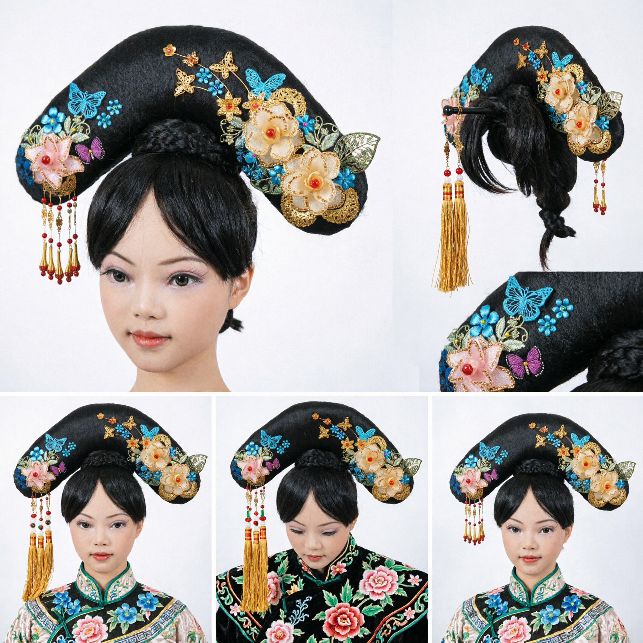 Parrucca e Copricapo Manchù della Dinastia Qing Cinese Tradizionale Dalachi con Farfalle e Fiori Dorati per Costume Hanfu - Asian Costume