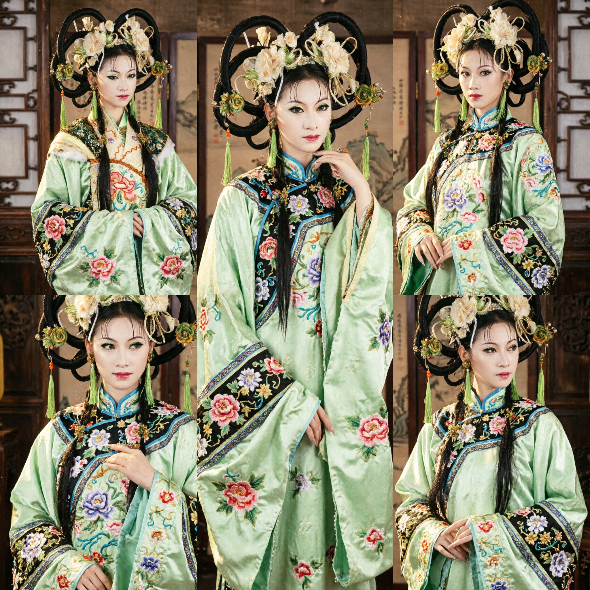 Acessórios de Cabelo de Dama do Palácio Antigo Chinês Tradicional, Peça para a Cabeça com Flor Verde e Borlas para Cosplay Hanfu e Performance - Asian Costume