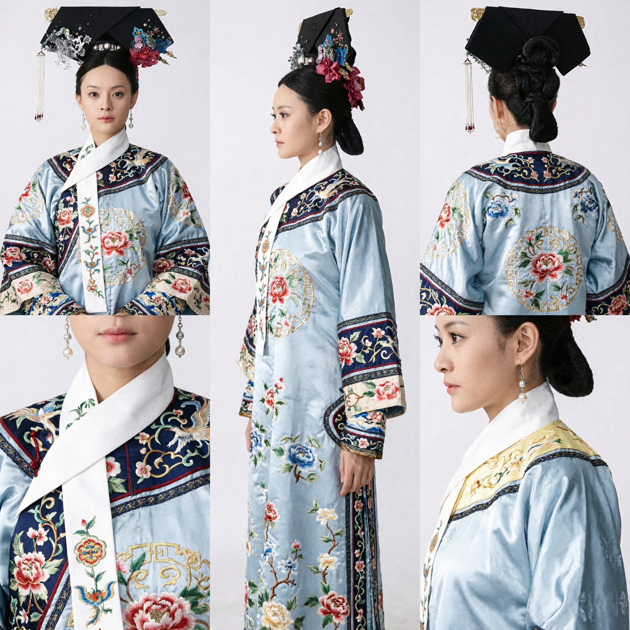 Copricapo da Dama di Palazzo della Dinastia Qing Manciù Cinese Tradizionale in Velluto Nero con Perle e Fermacapelli Floreali per Costumi - Asian Costume