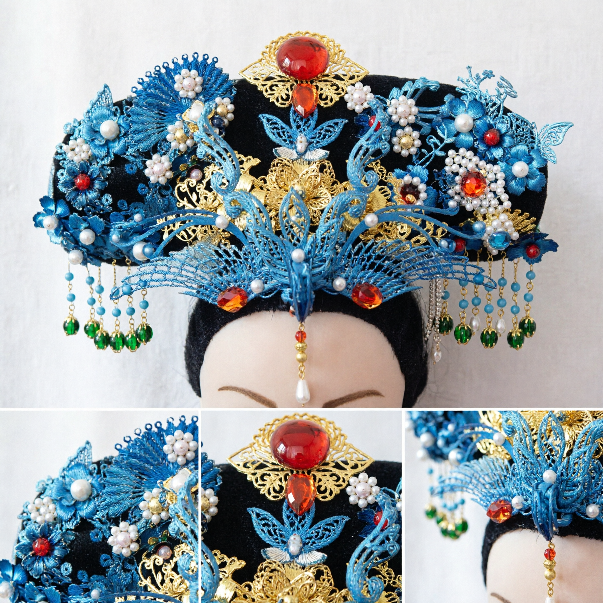 Traditional Chinese Qing Dynasty Manchu Blue Phoenix Crown Hairpiece with Tassels for Hanfu Costume Cosplay Women - Asian Costume