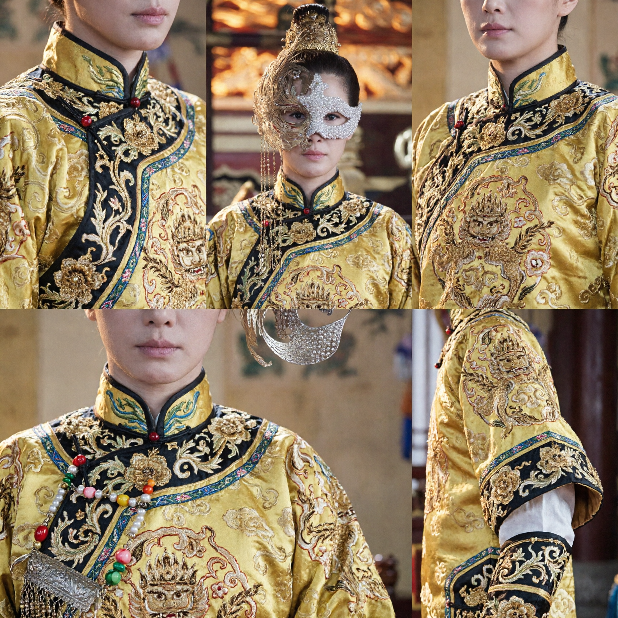 Maschera da Ballo in Maschera Cinese Tradizionale con Perle, Piume Dorate e Piume, Accessorio per Costume Hanfu Antico per Cosplay Donne e Feste - Asian Costume