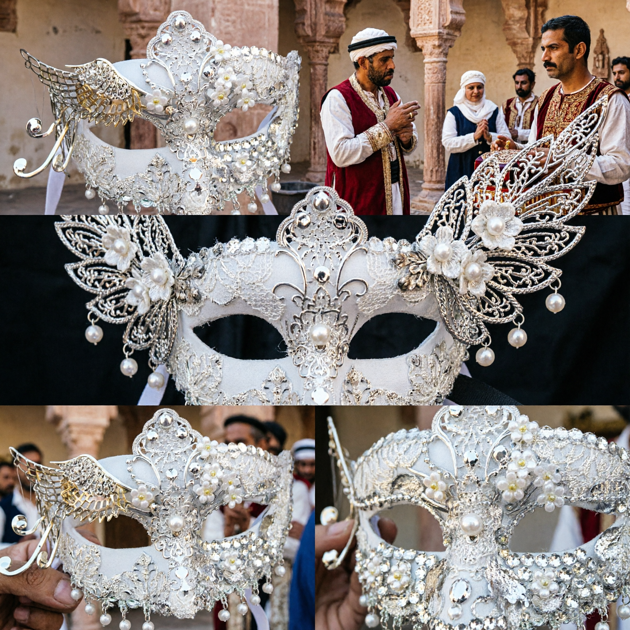 Elegante Maschera Veneziana da Ballo in Maschera Bianca con Fiori in Filigrana d'Argento, Piume e Cristalli per Balli in Costume per Donne - Asian Costume
