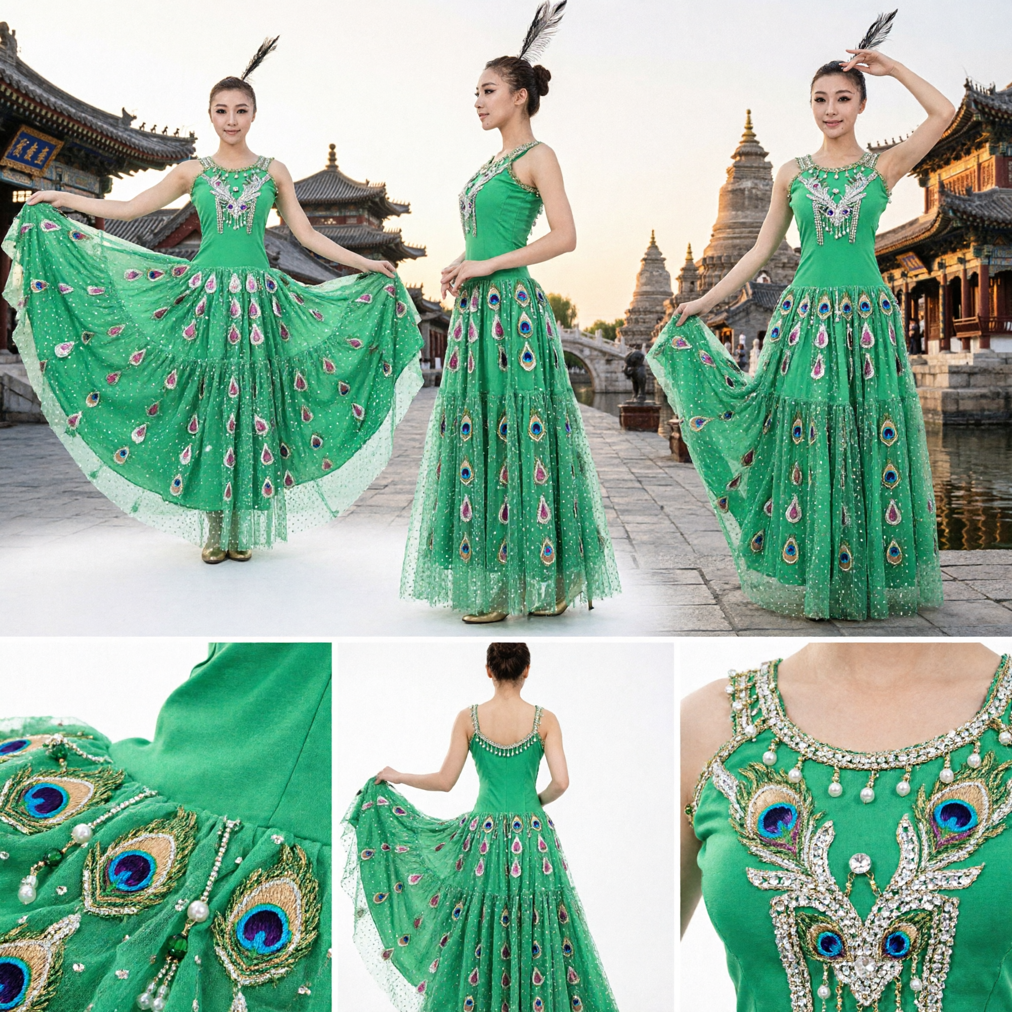 Women's Green Peacock Dance Costume Dai Minority Folk Dress Stage Performance Outfit with Sequins - Asian Costume