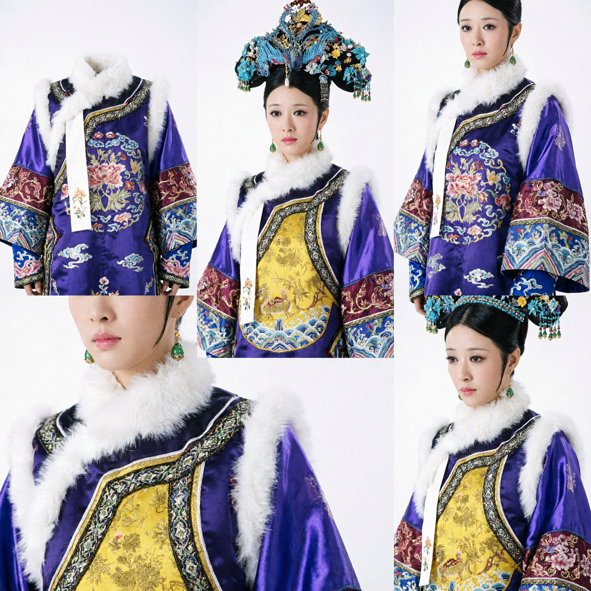 전통 중국 청나라 후궁 의상 자주색 로브와 정교한 파란색 꽃 머리장식 - Asian Costume