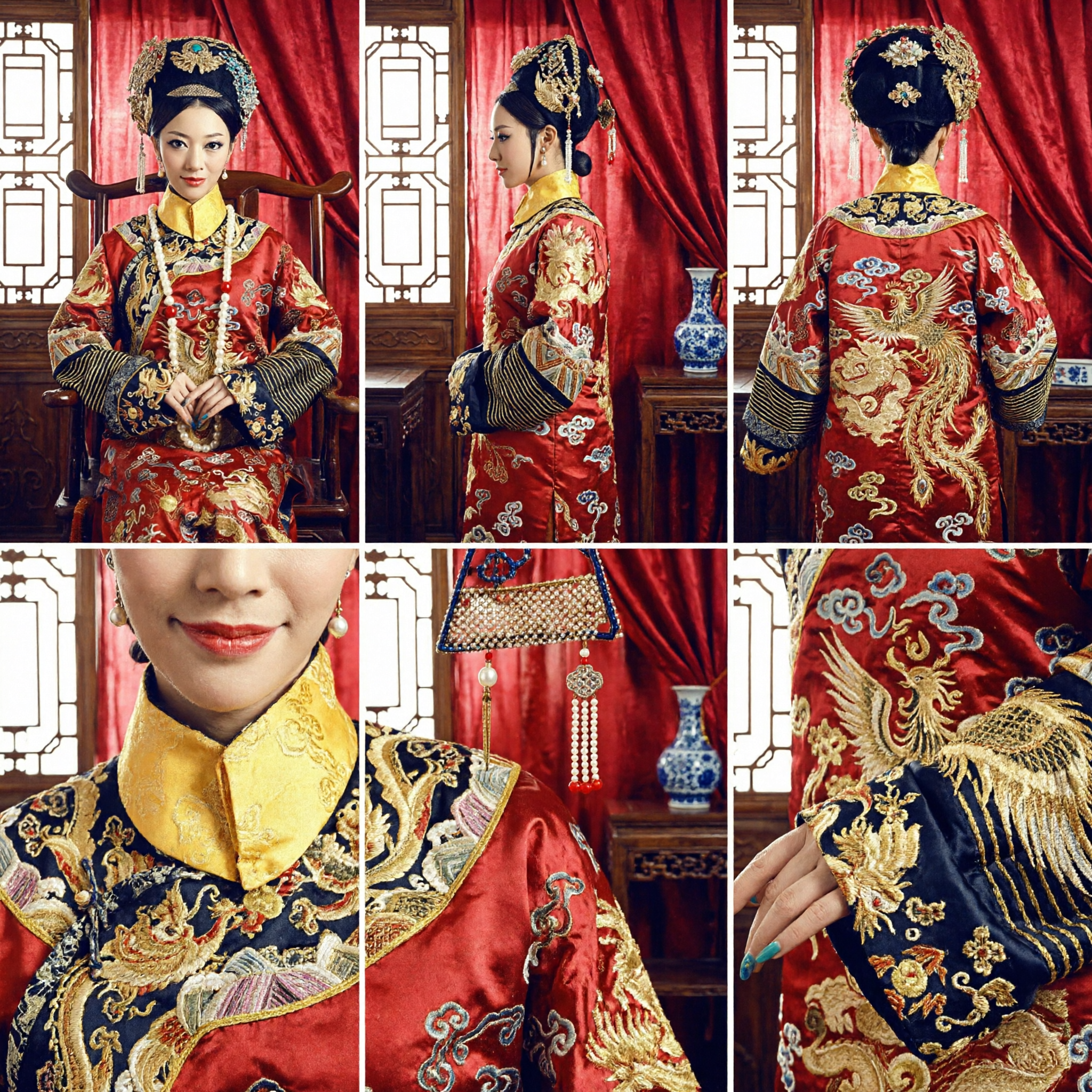 완전 세트 청나라 만주 황후 의상 빨간색 금색 자수 용문 로브 전통 중국 웨딩 드레스 - Asian Costume