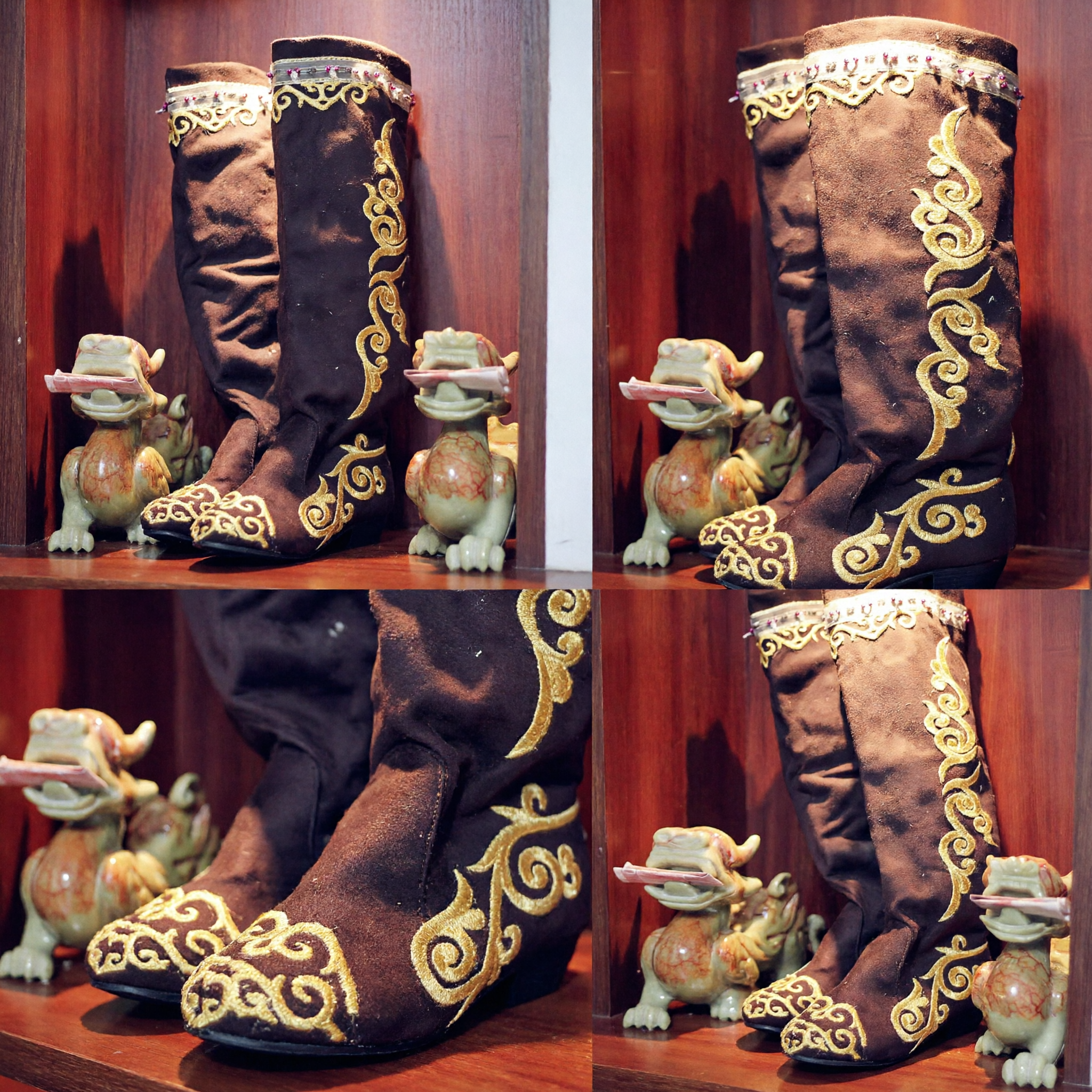 Traditional Chinese Mongolian Style Brown Boots with Gold Embroidery for Hanfu and Stage Performance - Asian Costume