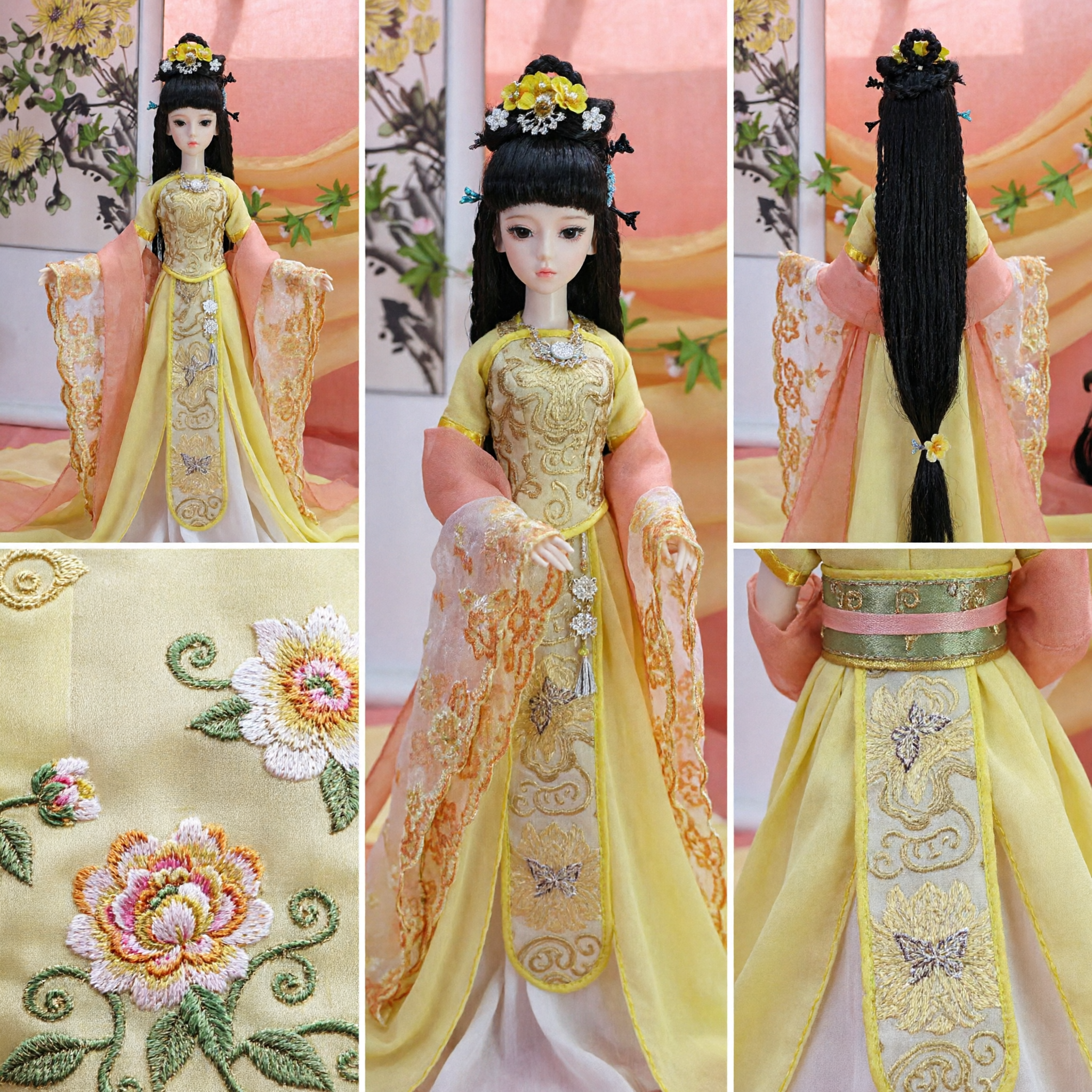 Costume Hanfu Tradizionale Cinese per Bambole Vestito Giallo da Principessa Antica con Accessori per Capelli per Collezionisti - Asian Costume