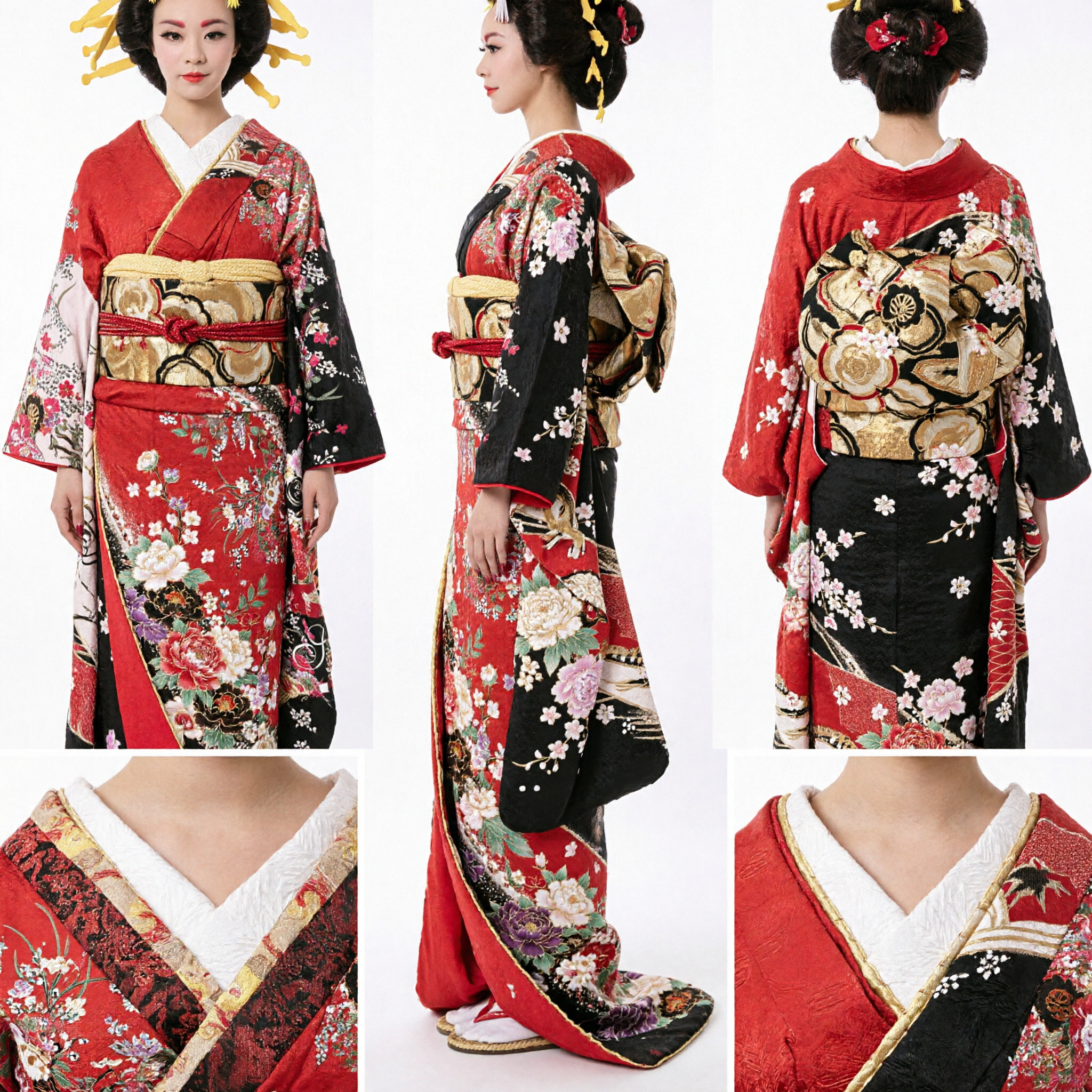 Conjunto de Traje Kimono de Geisha Japonês Tradicional para Mulheres com Penteado Elaborado e Shamisen para Performance - Asian Costume