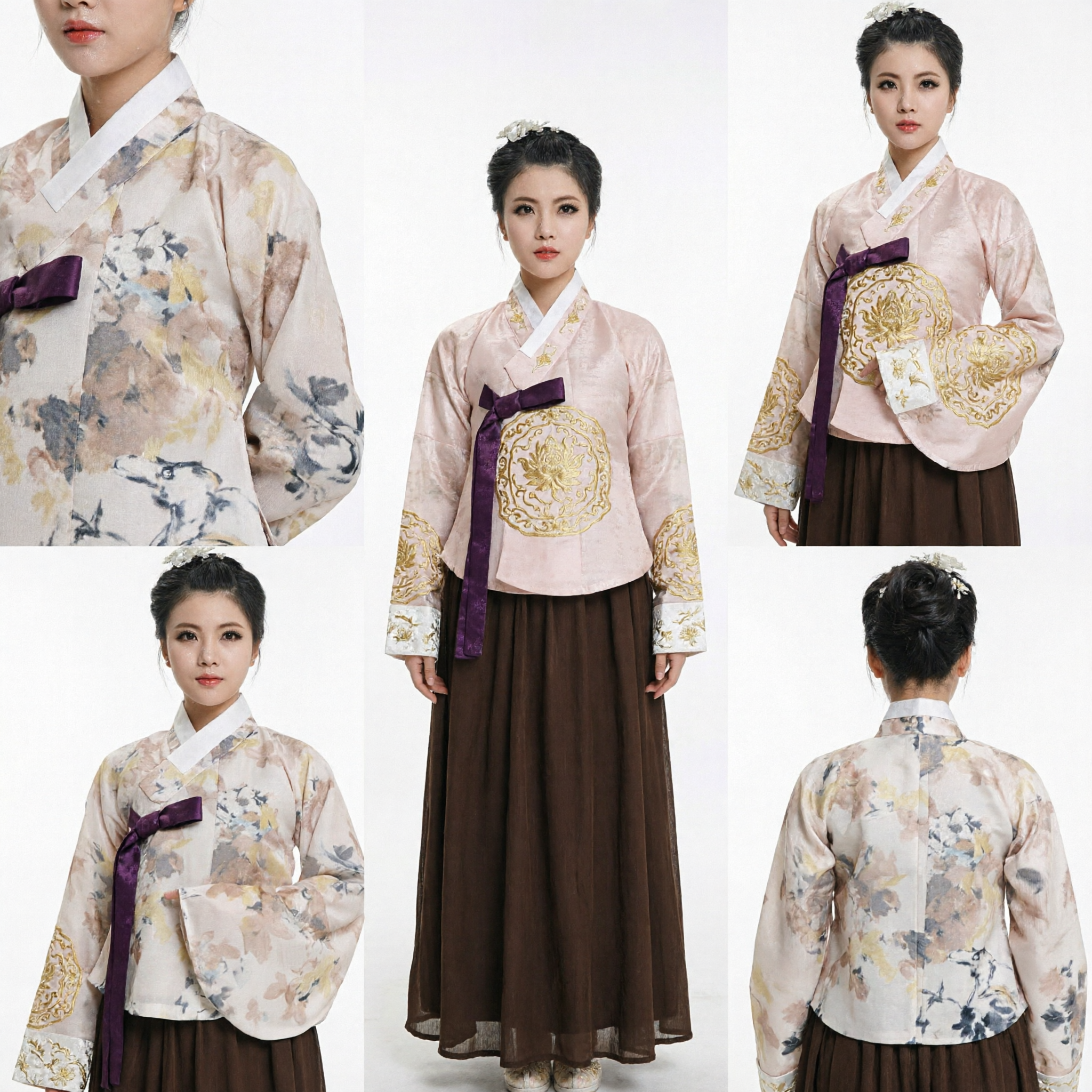 Costume Hanbok Coreano Tradizionale per Donne Set Top Jeogori a Stampa Floreale e Gonna Chima Marrone - Asian Costume