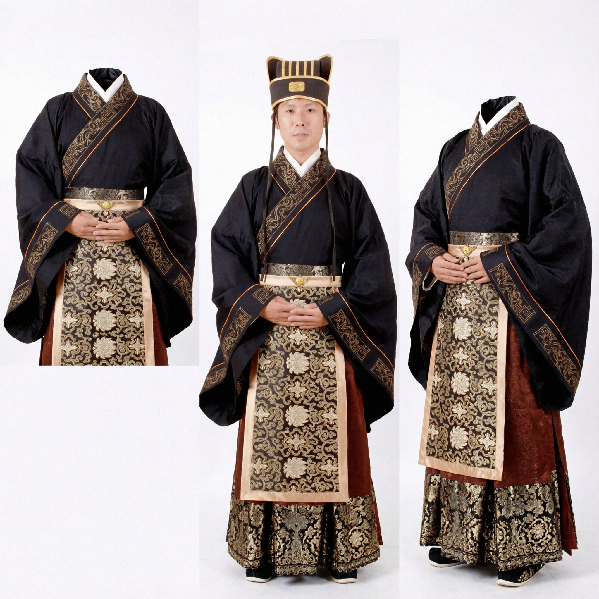 전통 고대 중국 검정색 한푸 로브 금색 자수 남성 역사 의상 - Asian Costume