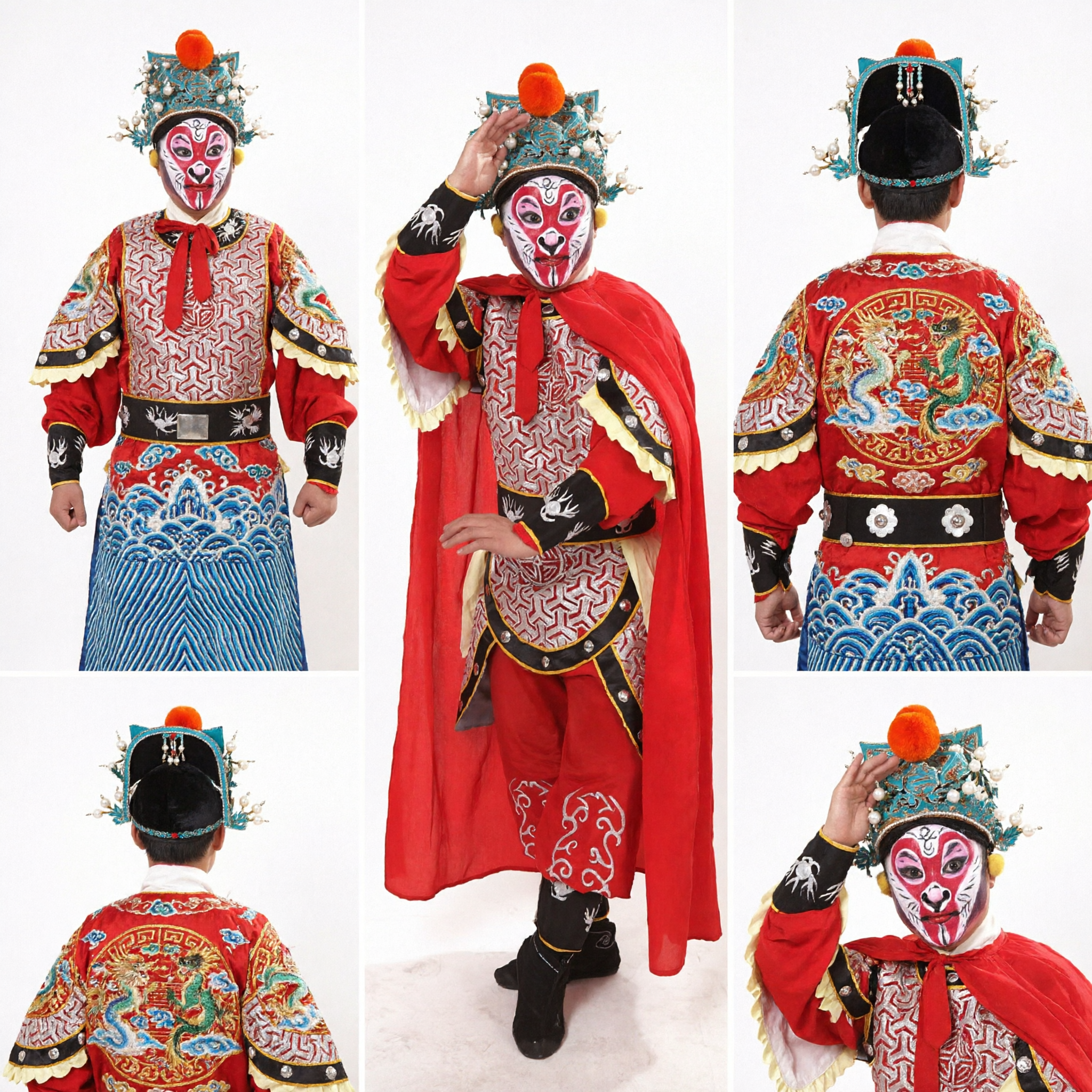 Completo Professionale Costume da Re Scimmia Sun Wukong dell'Opera di Pechino Cinese Set Completo con Mantello Rosso per Performance sul Palco - Asian Costume