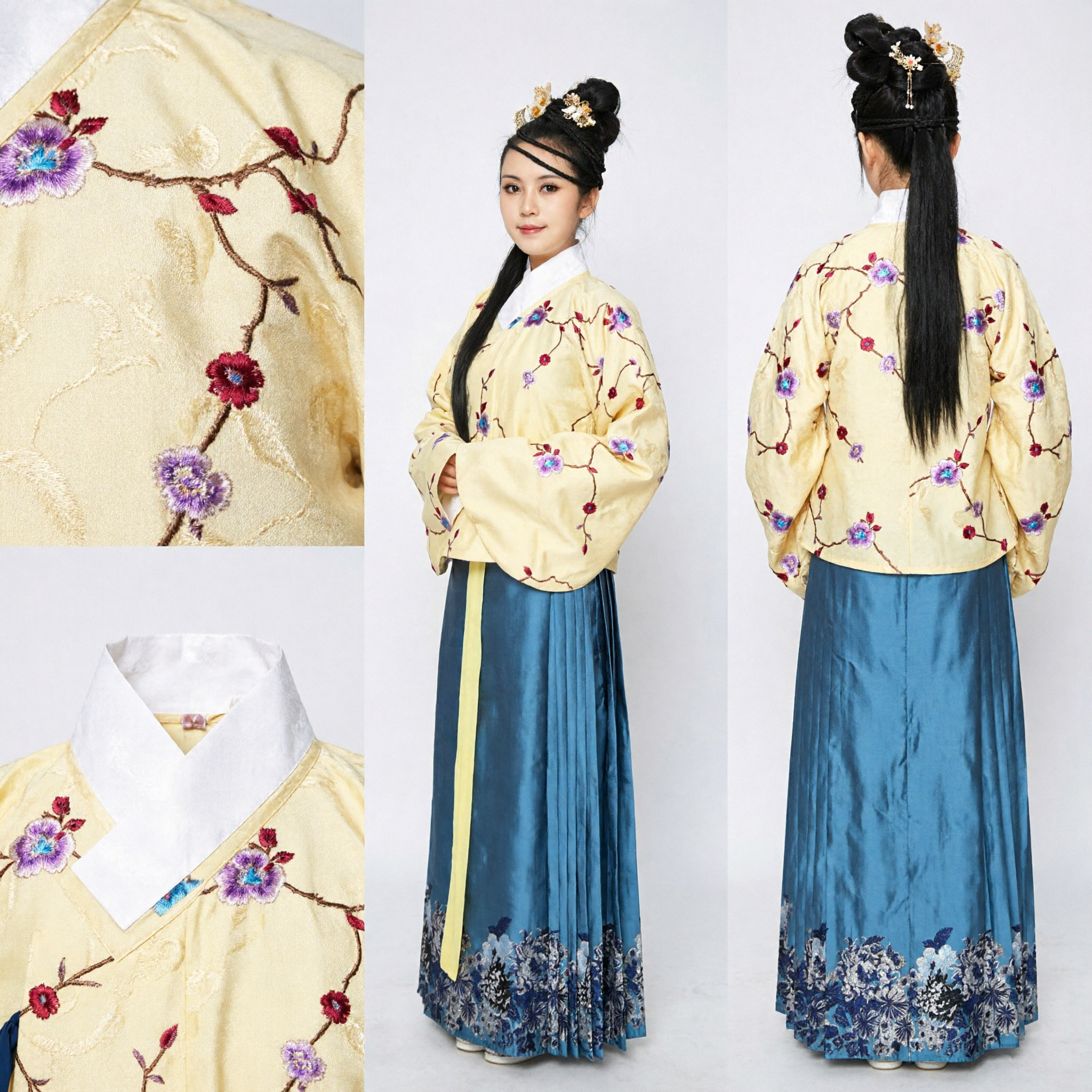 Tradycyjny chiński zestaw odzieży Hanfu w stylu dynastii Ming, żółta bluzka z kwiatowym haftem i niebieska spódnica - Asian Costume
