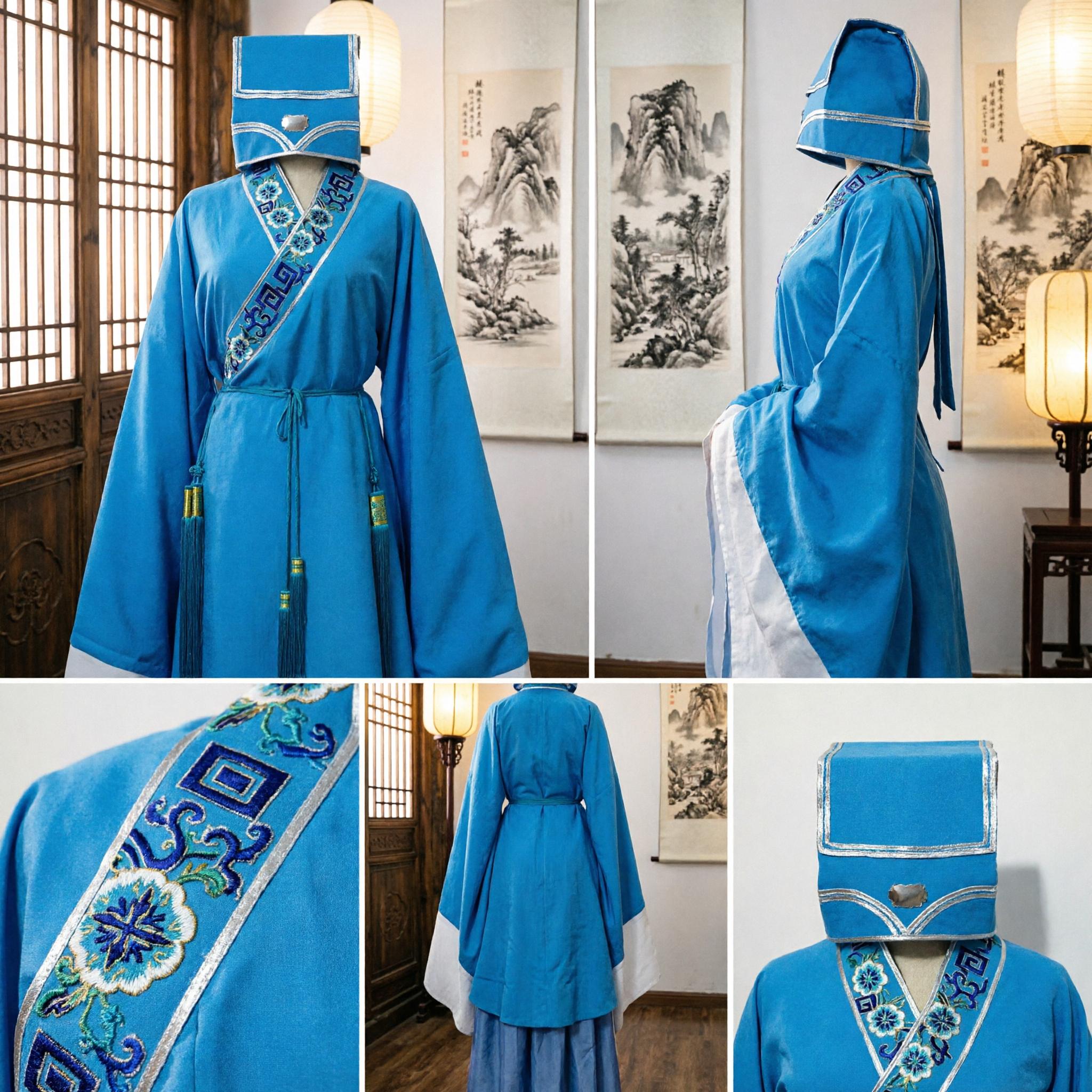 Traditional Chinese Blue Scholar Costume Ancient Hanfu Robe and Hat for Men Stage Performance Cosplay - Asian Costume