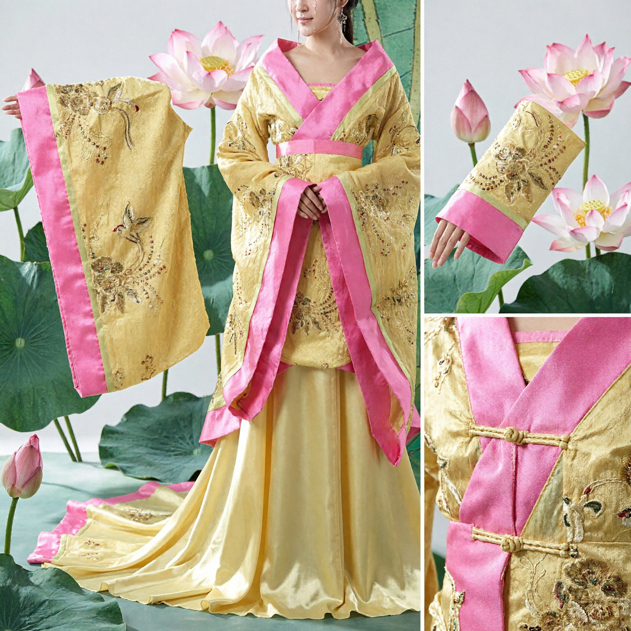 Tradycyjny Chiński Strój Księżniczki z Dynastii Tang, Żółta Suknia Hanfu z Różową Szarfą dla Kobiet na Występ Taneczny - Asian Costume