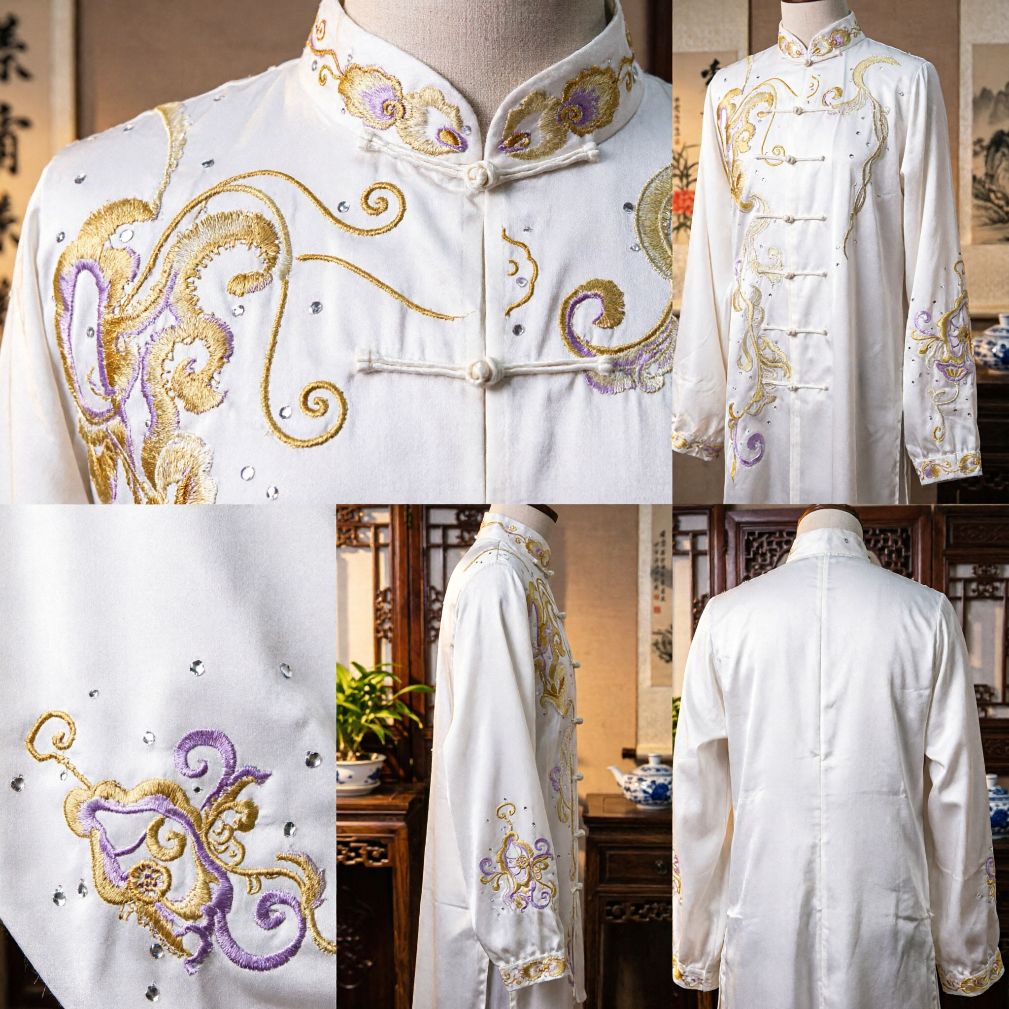 Uniforme de Tai Chi Blanco Bordado, Traje de Kung Fu, Tang Suit Tradicional Chino para Actuaciones de Wushu - Asian Costume
