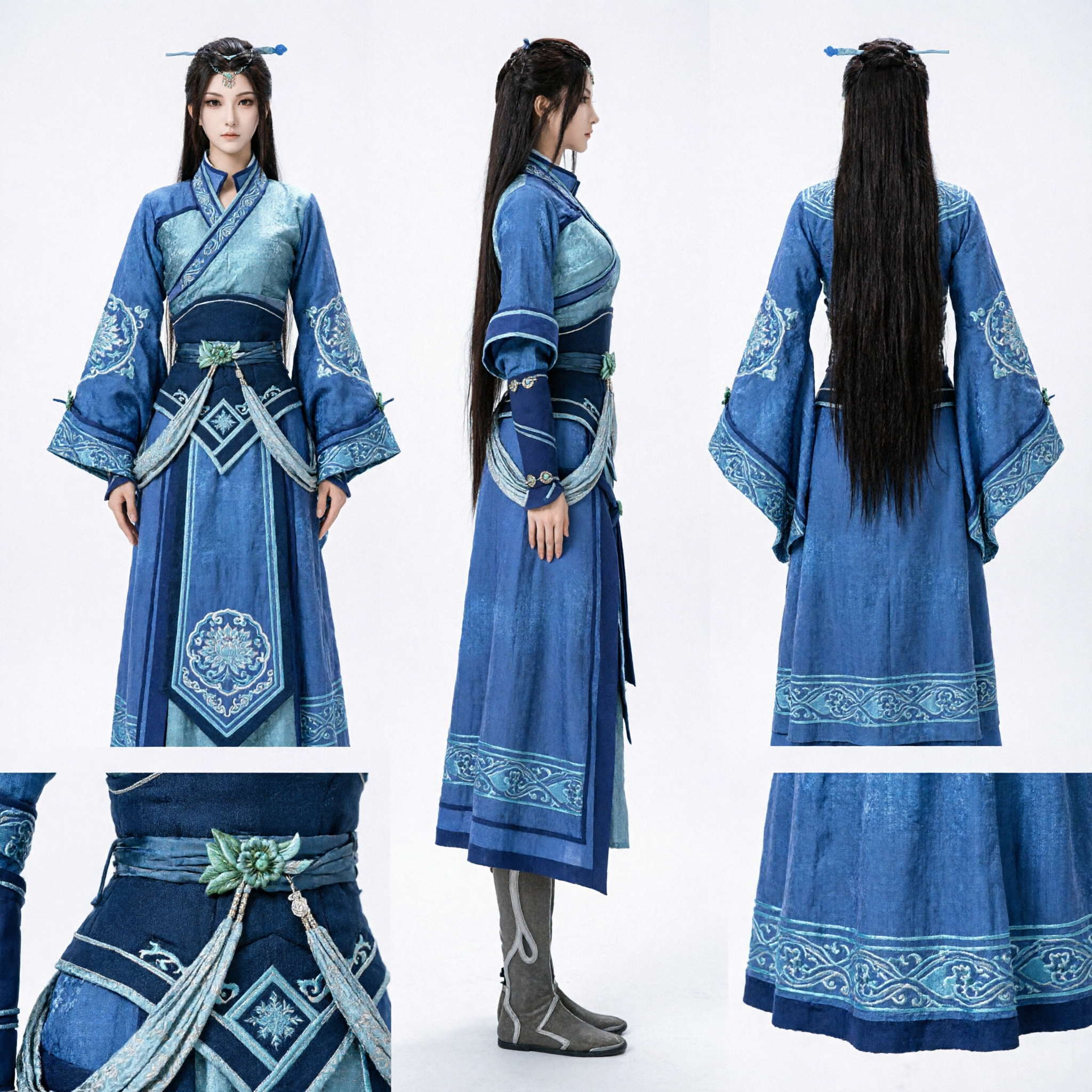 Costume Antico Cinese da Guerriero Wuxia Blu Hanfu Tradizionale per Arti Marziali e Cosplay per Donne - Asian Costume