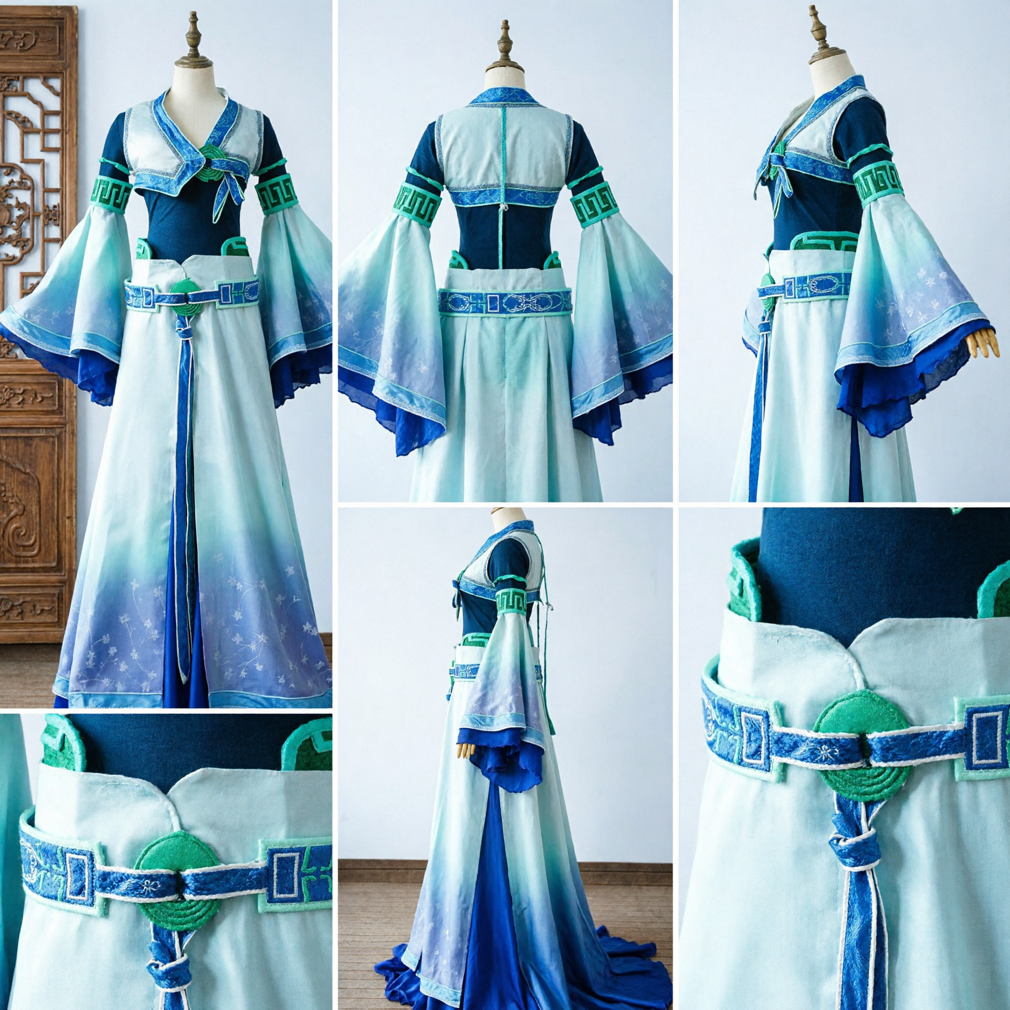 Vestido de Fada Antigo Hanfu Chinês Elegante em Gradiente Azul, Traje Tradicional para Cosplay de Mulheres - Asian Costume
