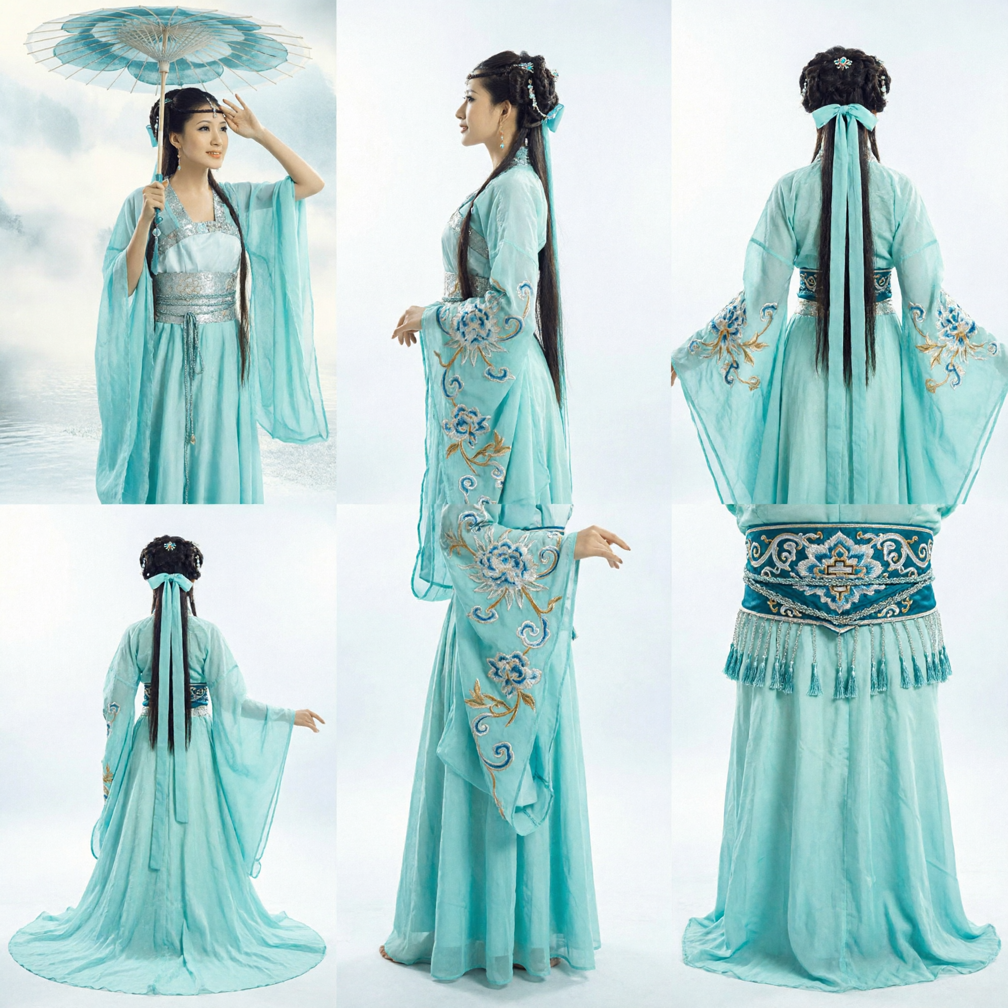 Elegancki Starożytny Chiński Strój Wróżki, Niebieska Suknia Hanfu dla Kobiet na Tradycyjny Występ z Parasolką - Asian Costume