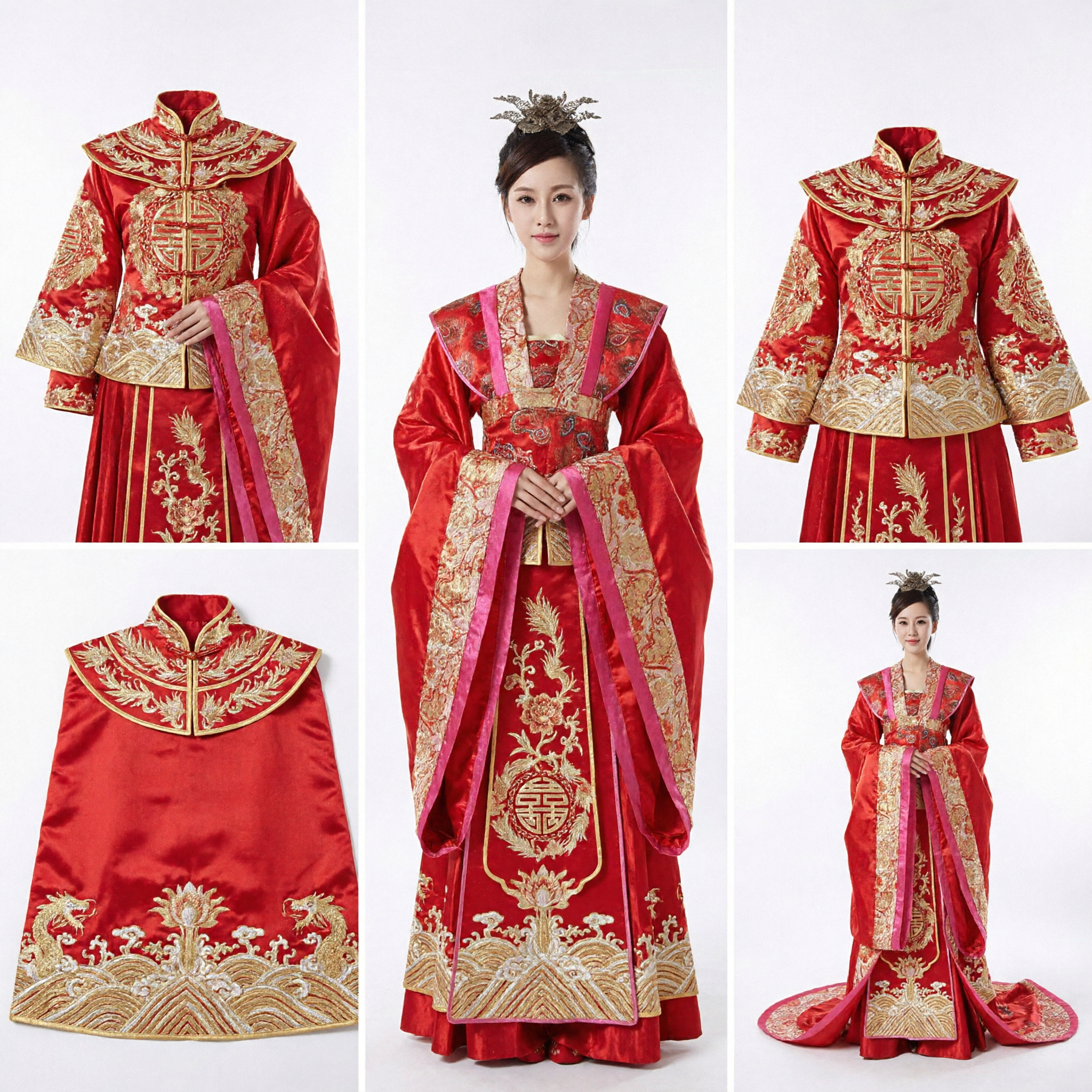 Exquisito Vestido de Boda Tradicional Chino Hanfu Rojo con Bordado Dorado para Ceremonia Nupcial - Asian Costume
