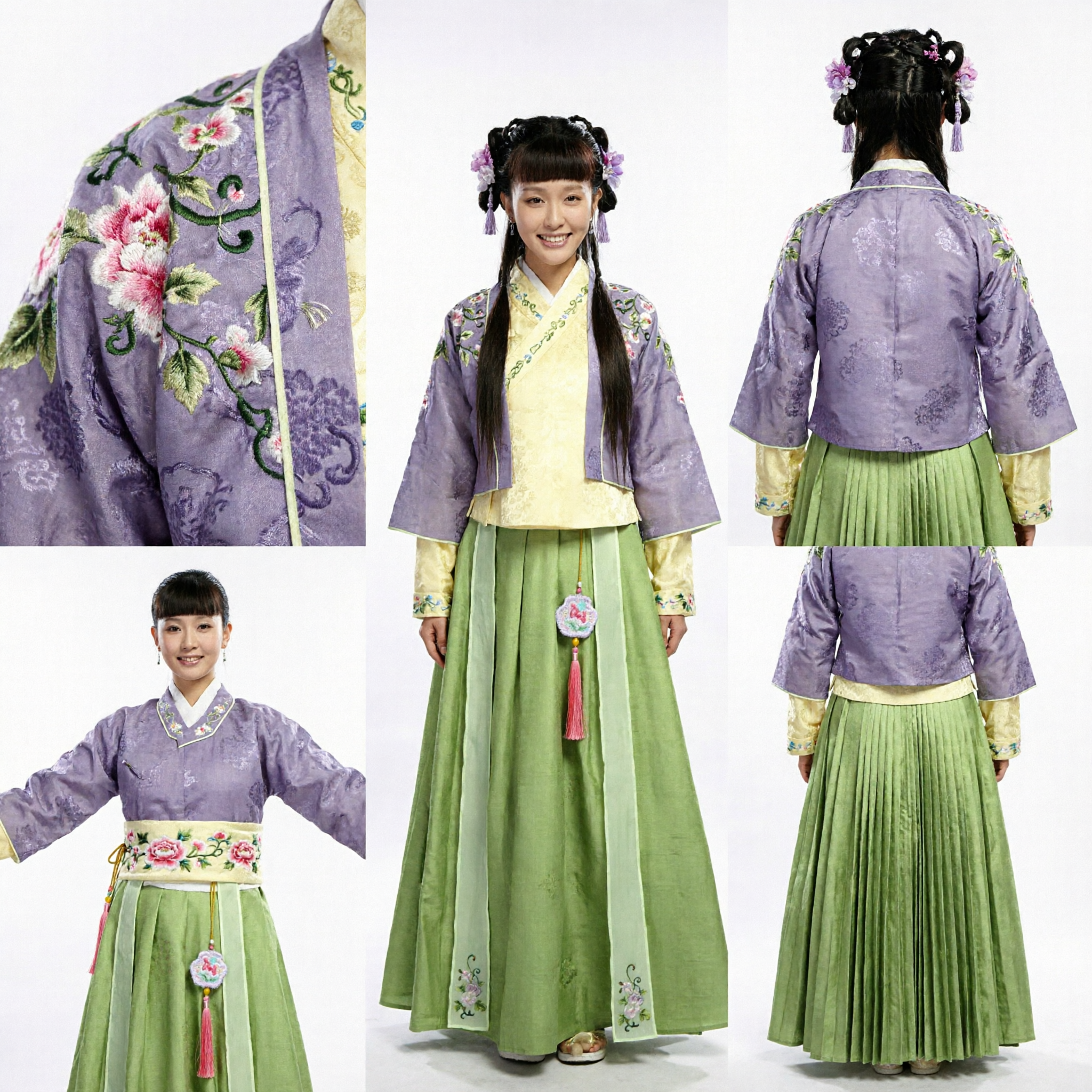 여성 중국 전통 한푸 의상 명나라 스타일 자주색과 녹색 자수 고대 드레스 - Asian Costume