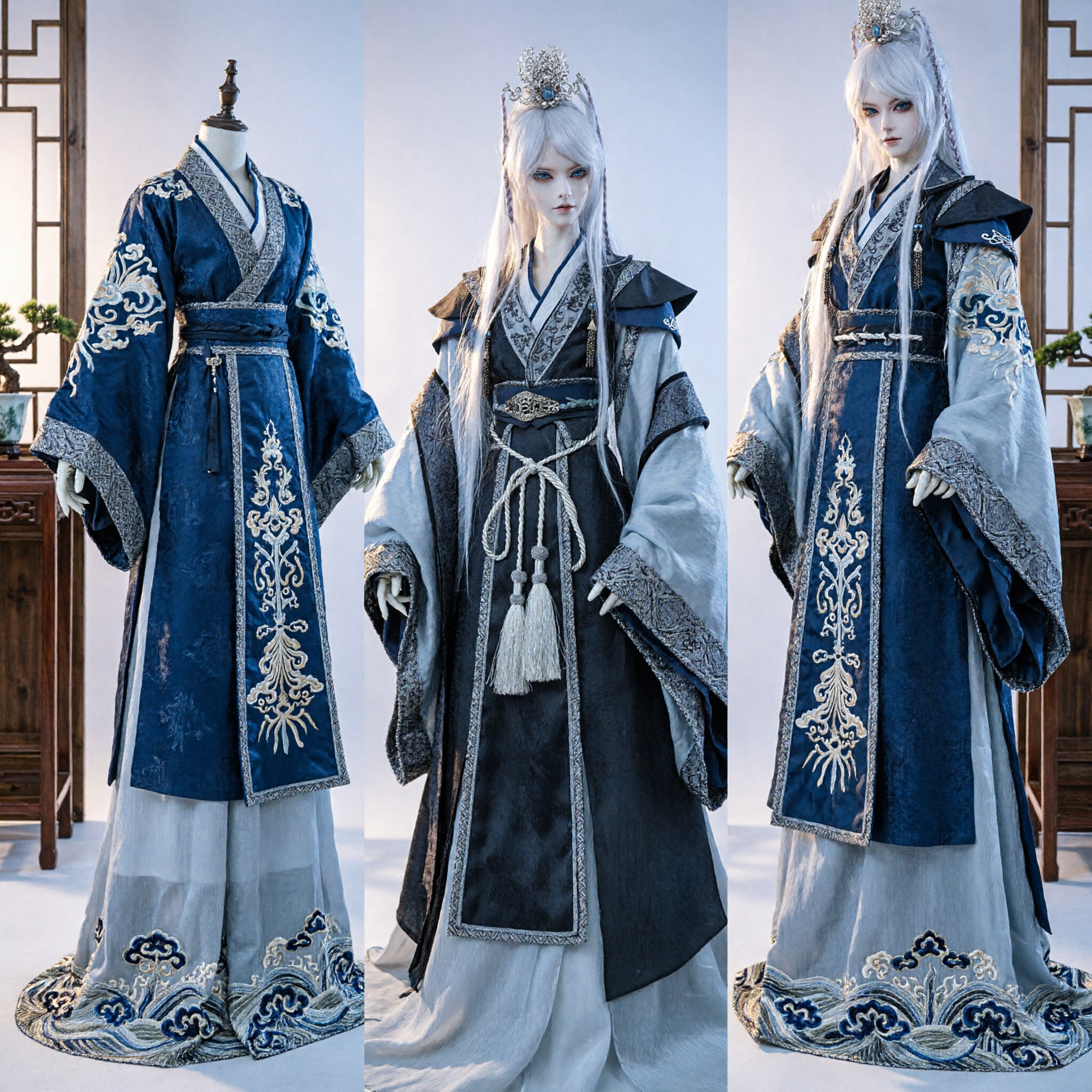 Chinesische Hanfu-Herren-Kostüm, antikes Schwertkämpfer-Kostüm, schwarzer silberbestickter Robe, Wuxia-Cosplay-Outfit - Asian Costume