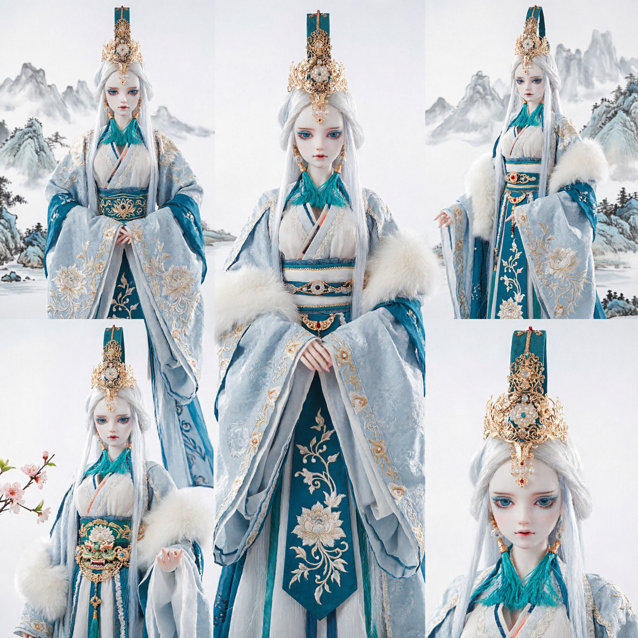 Costume Tradizionale Cinese Hanfu Elegante per Bambole BJD, Stile Fata Invernale con Pelliccia Bianca e Copricapo - Asian Costume