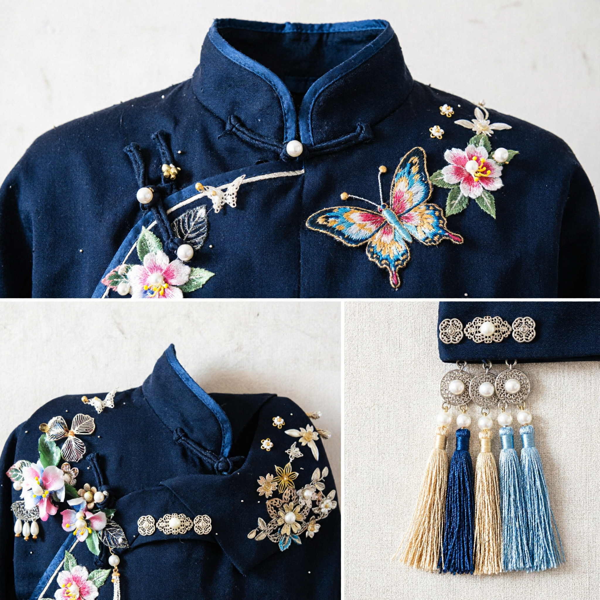 Bandeau ancien chinois traditionnel en velours noir avec bijoux papillons, perles et glands - Accessoire capillaire Hanfu pour femmes - Asian Costume