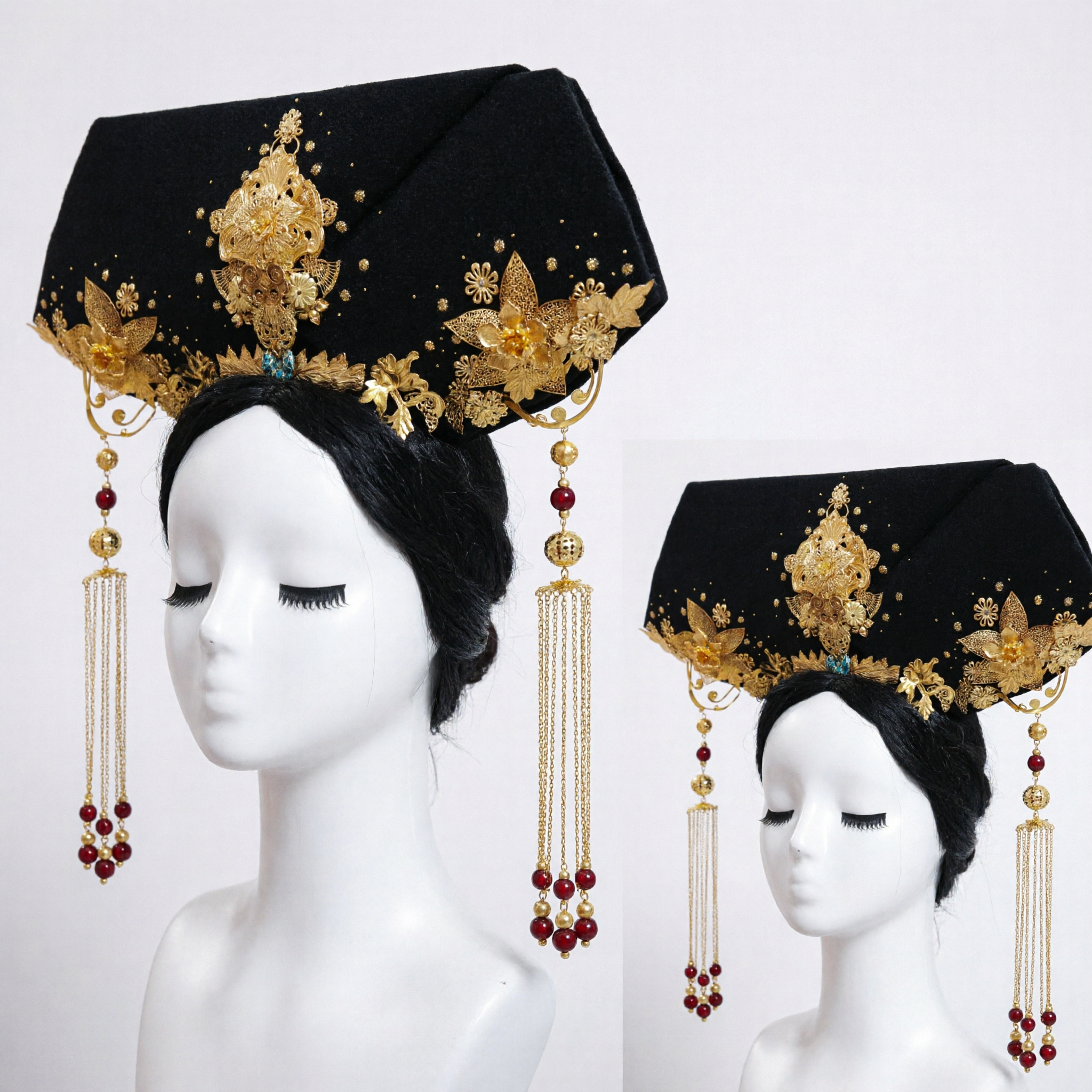 Traditionelle chinesische Qing-Dynastie-Manchu-Kaiserin-Kopfzierde, schwarz-goldene Blumenkrone, Haaraccessoire für Cosplay - Asian Costume
