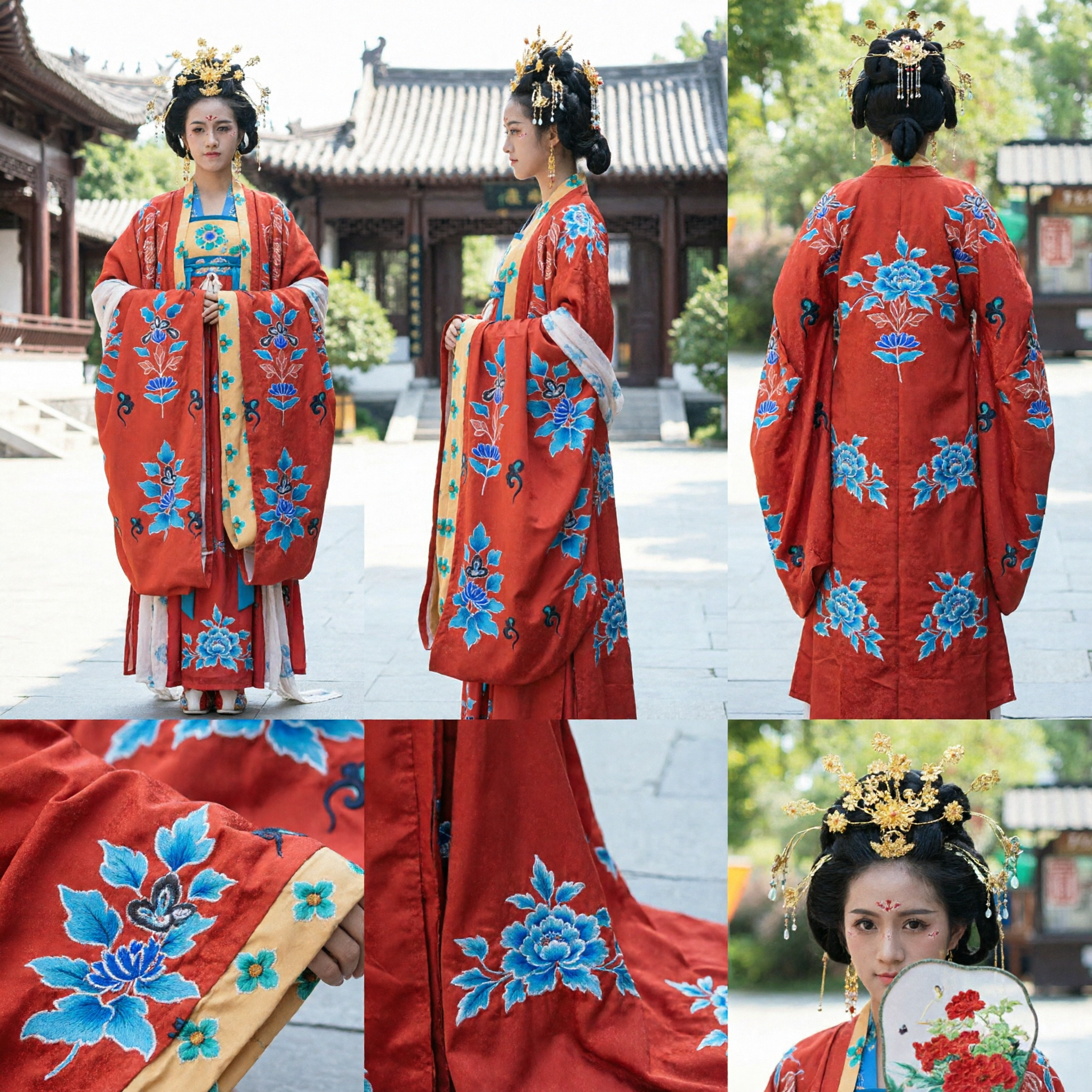 Tradycyjny Chiński Kostium Hanfu z Dynastii Tang, Czerwony Kwiatowo Haftowany Komplet Sukni Dworskiej dla Kobiet - Asian Costume