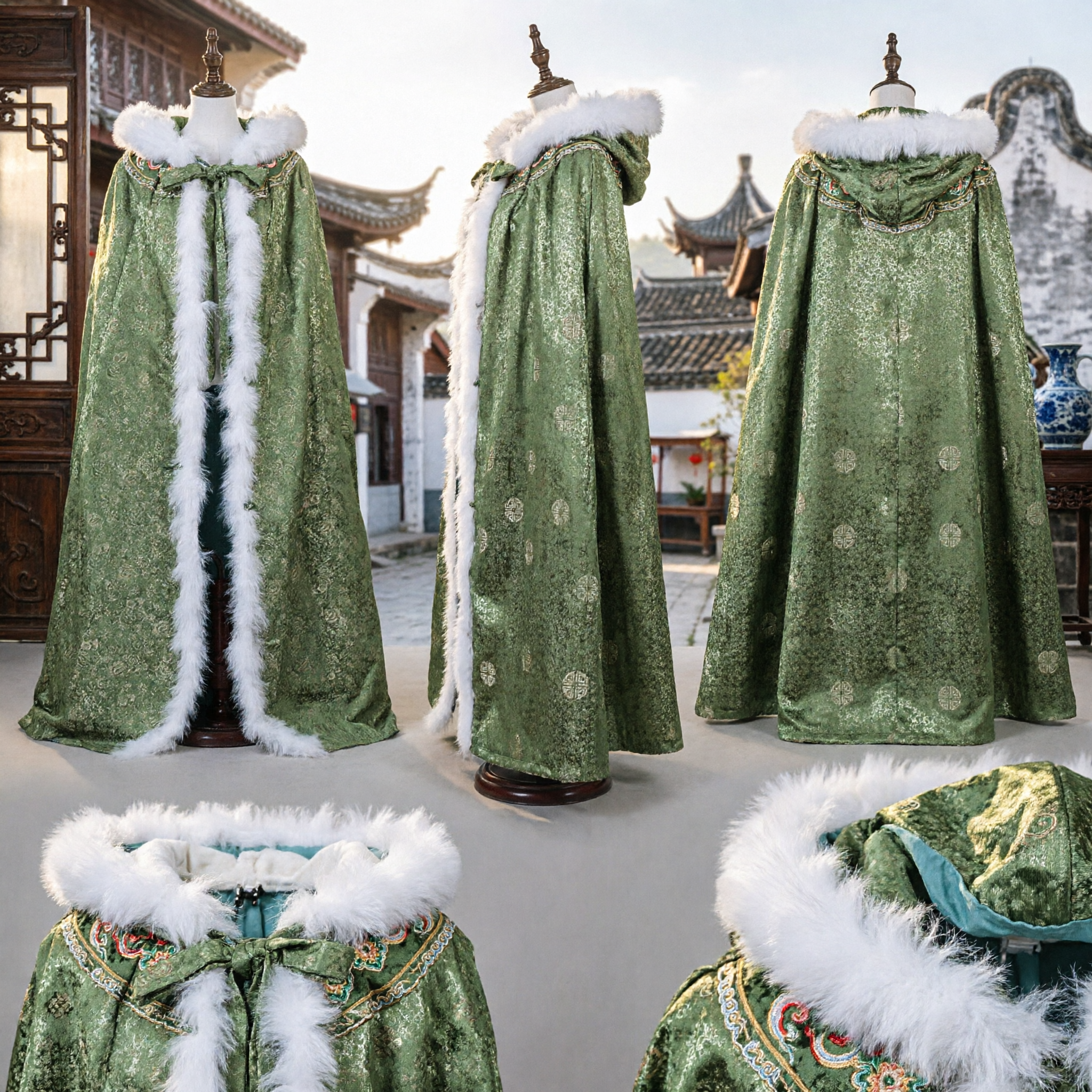 Groene Middeleeuwse Gekapte Mantel met Witte Bont Rand Brokaat Renaissance Fantasy Cosplay Cape voor Mannen en Vrouwen - Asian Costume