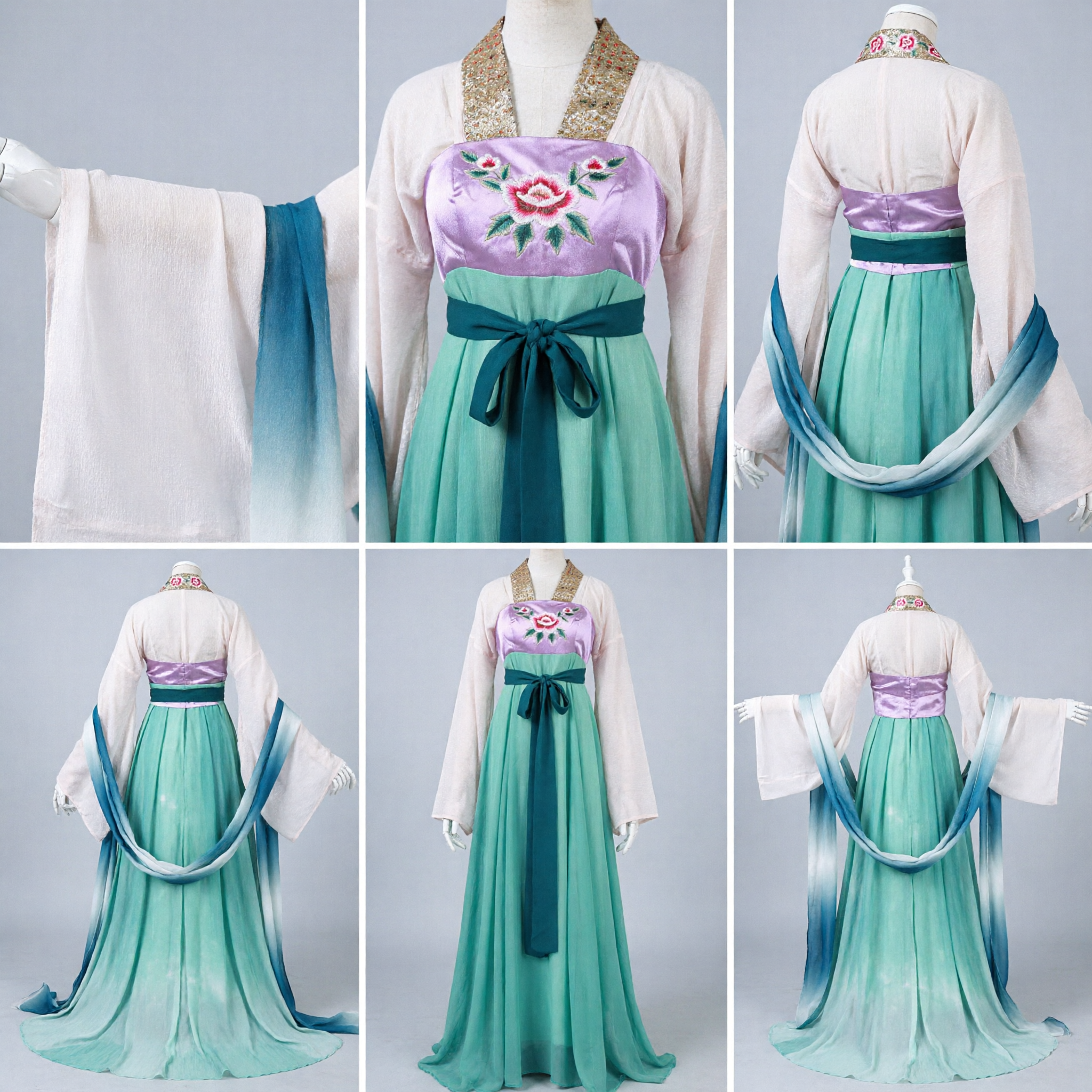 우아한 중국 당나라 한푸 의상 녹색 긴 치마 보라색 보디스 자수 요정 드레스 여성용 - Asian Costume